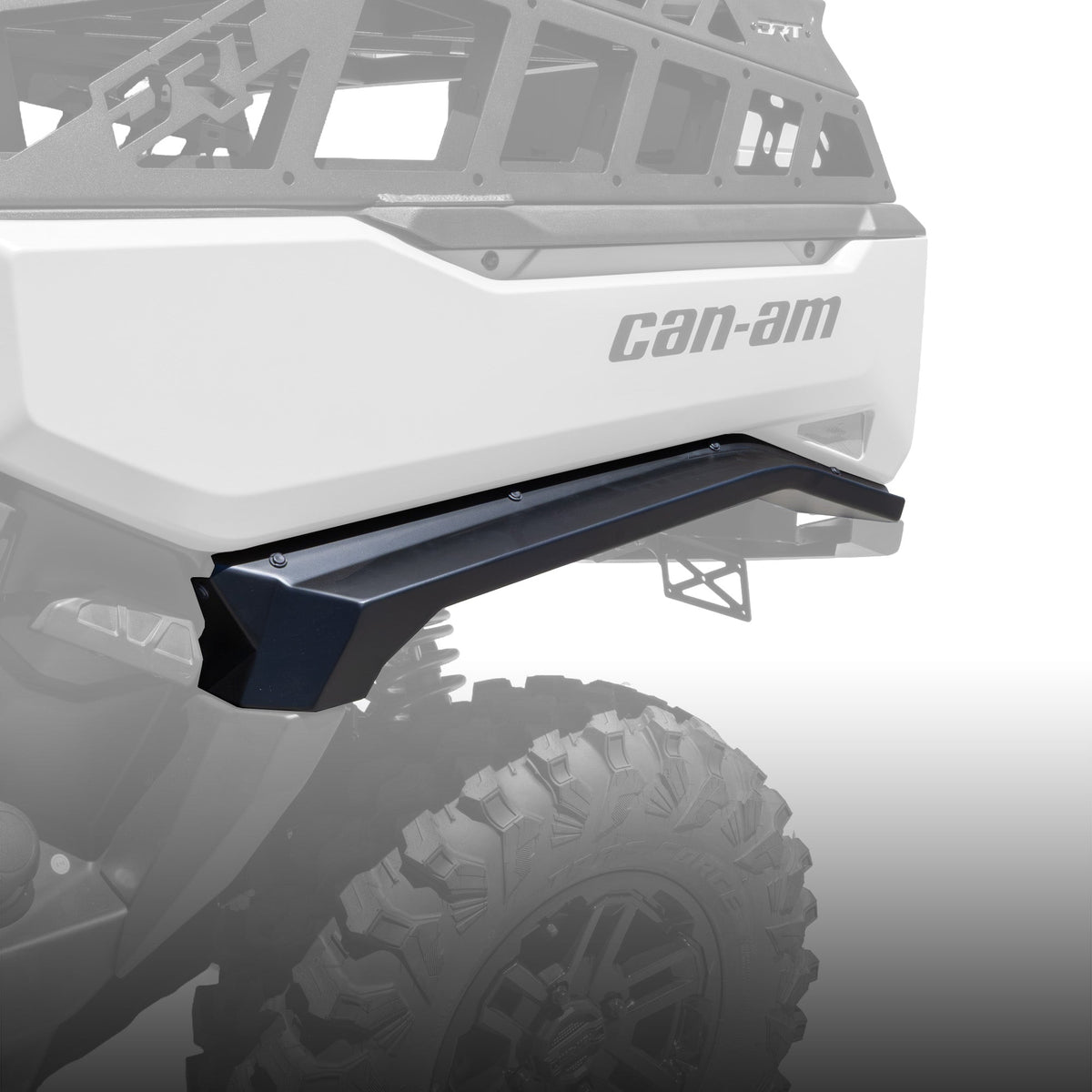 DRT aluminum rear fender installed below the dump bed on a 2026 Can-Am Defender MAX HD11