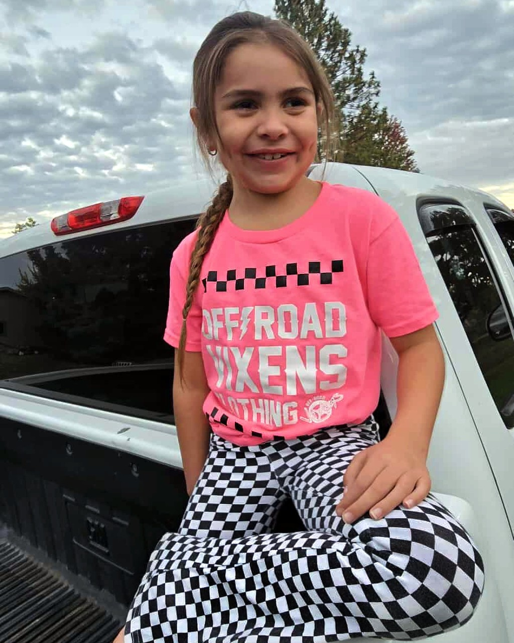 Photo of Youth Checked out Tee - Neon Pink by OFF-ROAD VIXENS CLOTHING CO. - Premium Youth for UTVs / Side by Sides