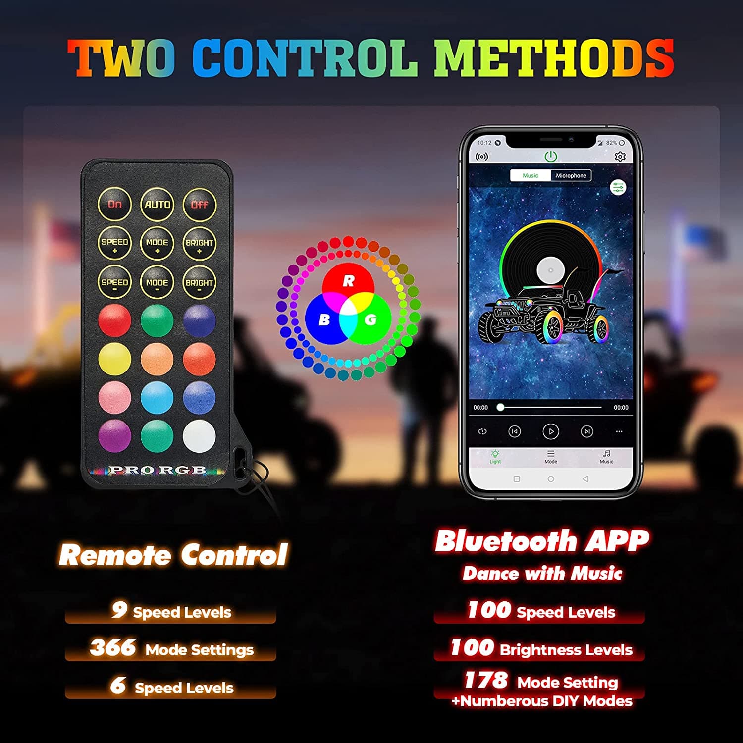 Photo of 4-8 Pods RGB Rock Light Kit & Spiral Whip Lights for UTV ATV Jeep by Kemimoto - Premium for UTVs / Side by Sides