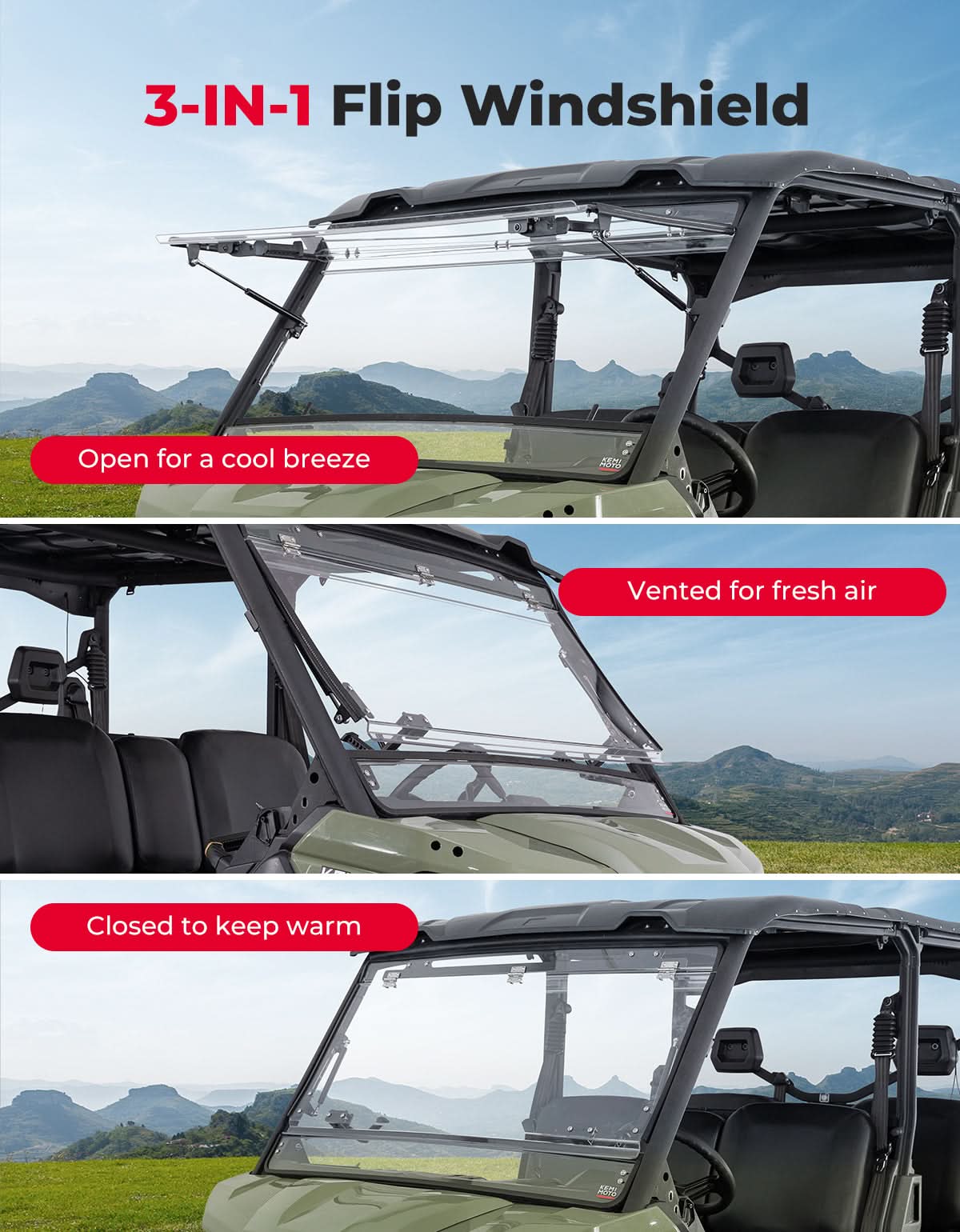 Photo of Can-Am Defender HD5/HD8/HD10 Flip Windshield – 3 Position Full Front Windshield, Clear Hard-Coated Polycarbonate by Kemimoto - Premium for UTVs / Side by Sides