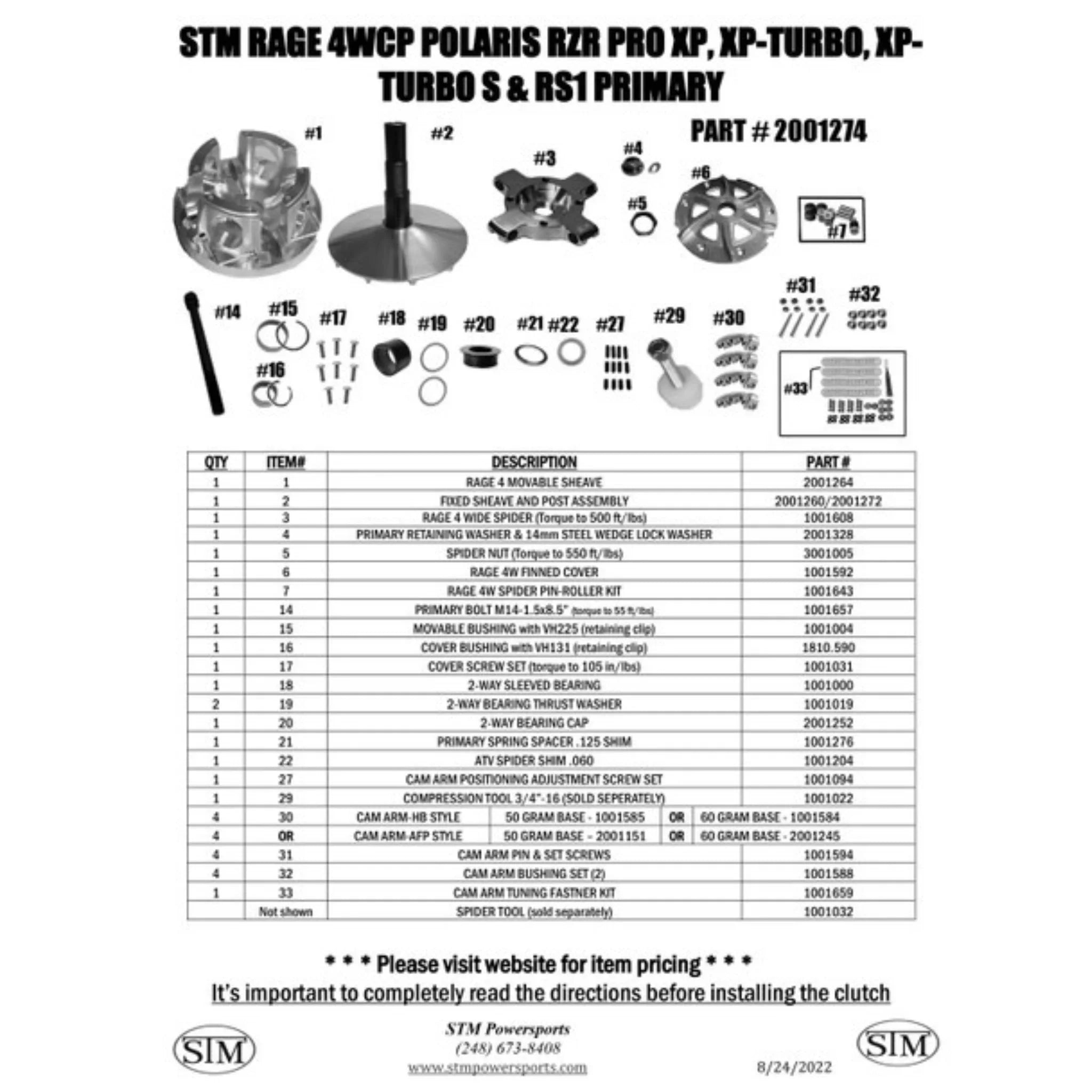 STM Rage 4WCP Polaris Pro XP, XP-Turbo, Turbo R, Turbo S and RS1 Primary Clutch