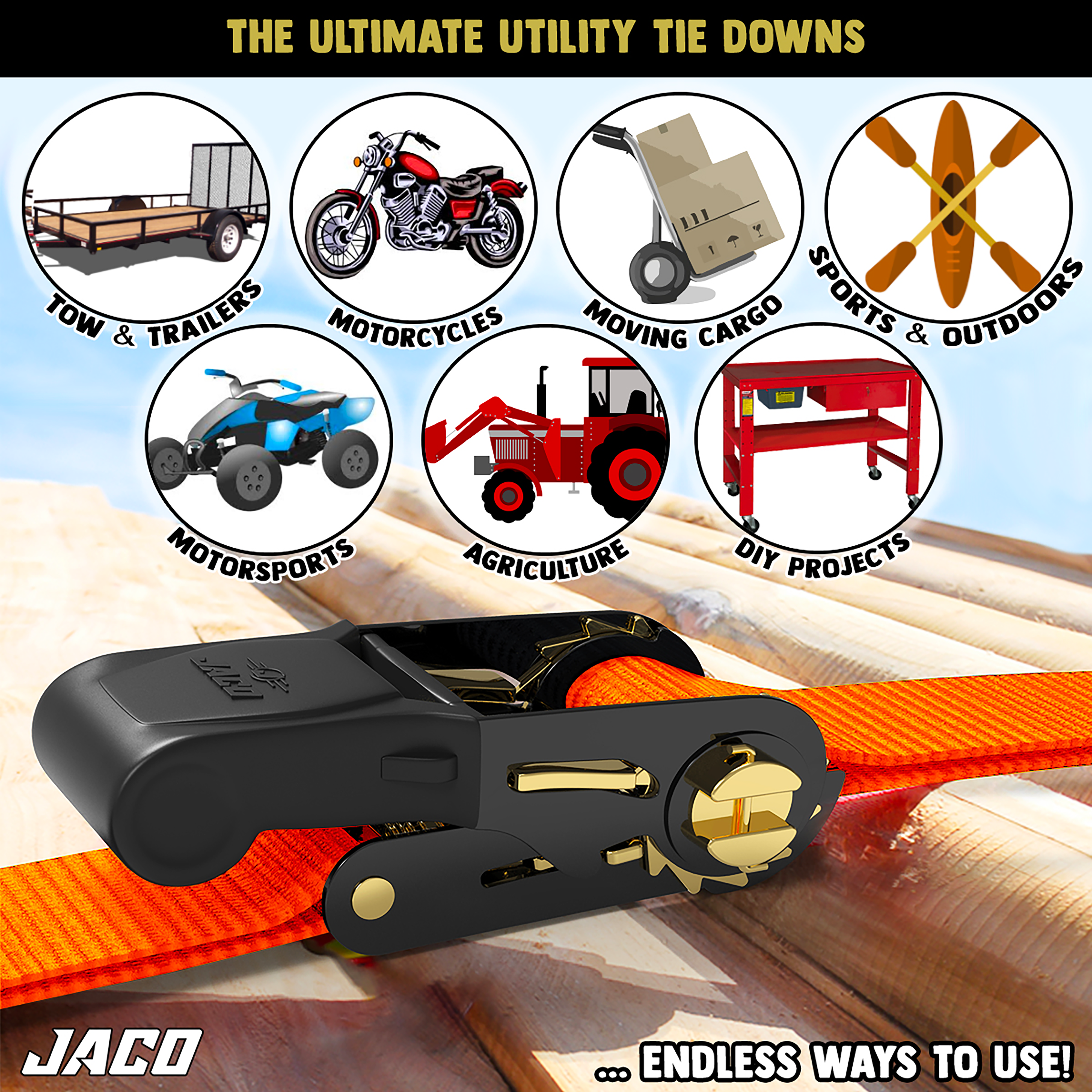 Photo of Tie Down Ratchet Straps (4 Pack) - 1 in x 15 ft | AAR Certified Break Strength (1,823 lbs) | Cargo Tie Down Set by JACO - Premium Tie Downs for UTVs / Side by Sides