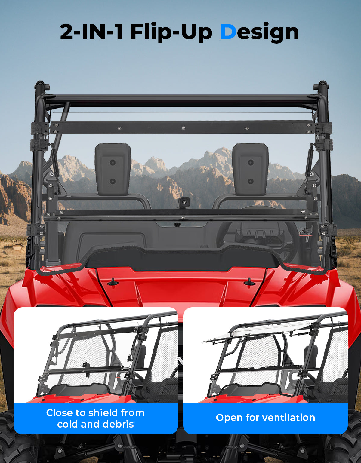 Photo of UTV Flip Up Windshield for Pioneer 700/700-4 2014-2025 by Kemimoto - Premium for UTVs / Side by Sides