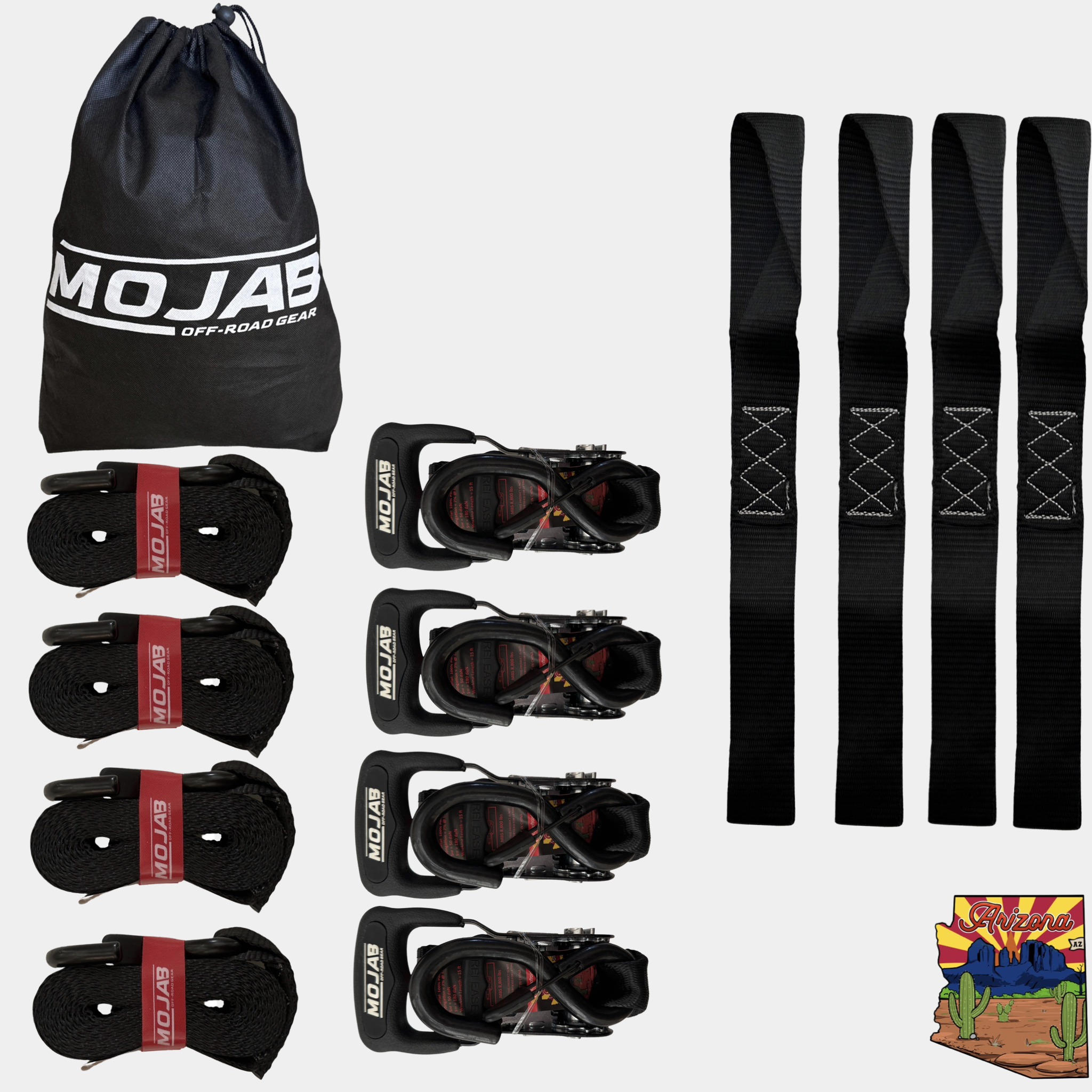 Photo of 1.6" x 15' Ratchet Tie-Down Set (Pack of 4) , Closed Hook (Lifetime Warranty) by MOJAB OFFROAD - Premium Tie Downs for UTVs / Side by Sides