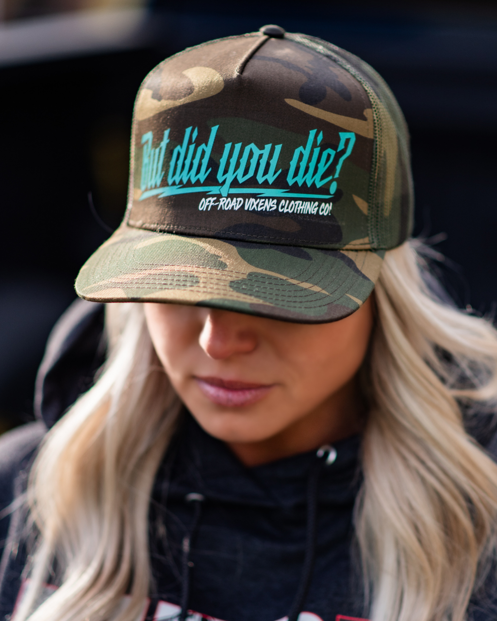Photo of But did you Die? Camo Trucker Hat - Teal by OFF-ROAD VIXENS CLOTHING CO. - Premium Apparel & Accessories for UTVs / Side by Sides