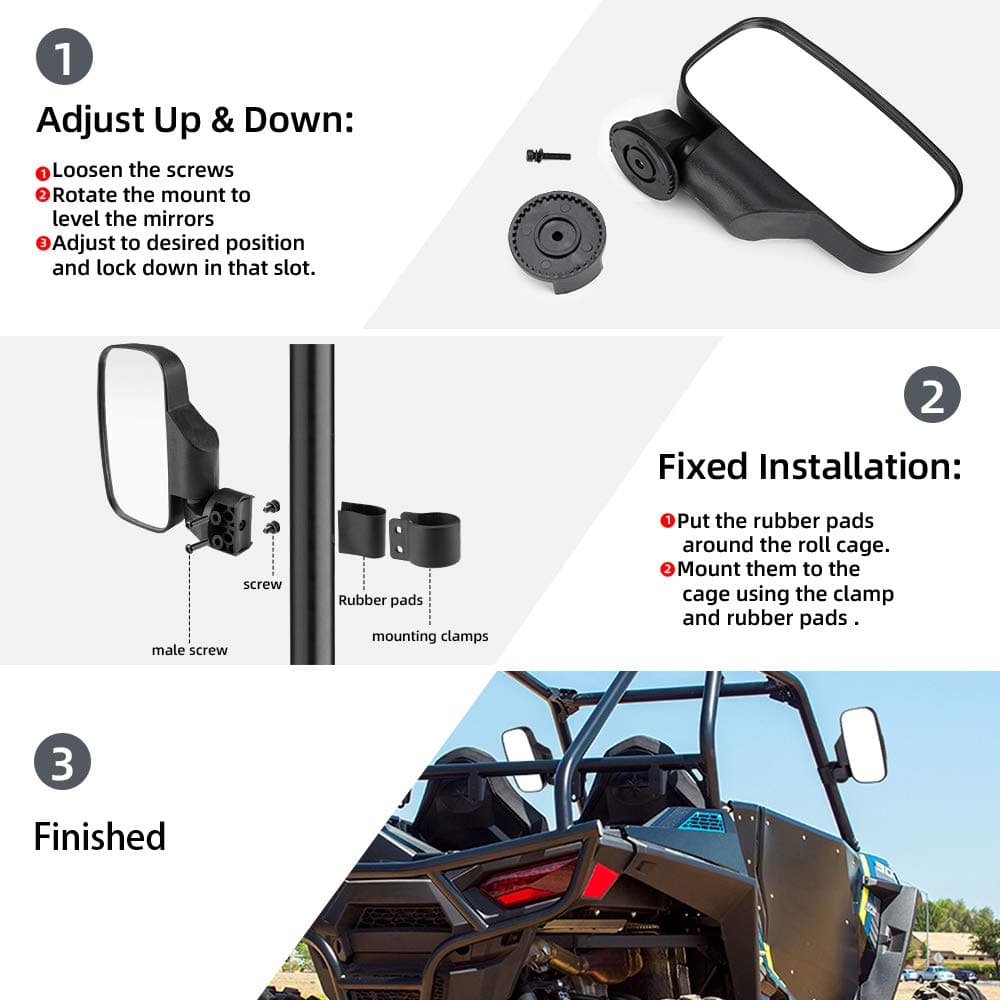 Photo of UTV Adjustable Rear View Mirror & Side Mirrors for 1.75"-2" Round Tube by Kemimoto - Premium for UTVs / Side by Sides