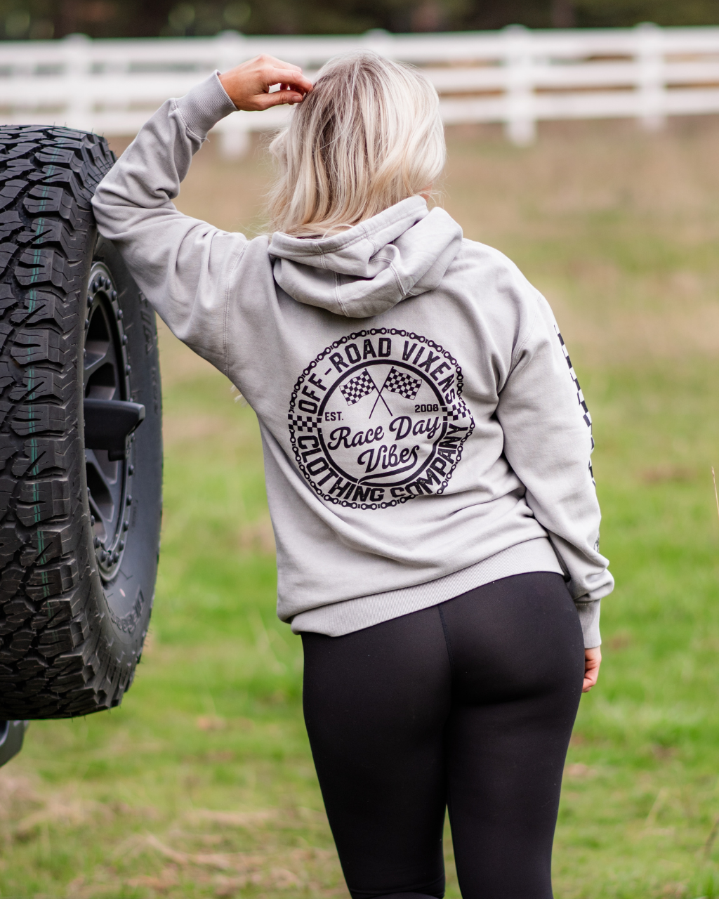 Photo of Race Day Vibes Unisex Pullover Hoodie by OFF-ROAD VIXENS CLOTHING CO. - Premium Ladies Hoodies for UTVs / Side by Sides
