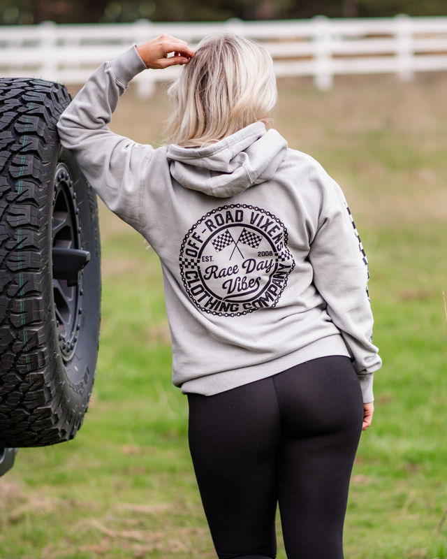 Photo of Race Day Vibes Unisex Pullover Hoodie by OFF-ROAD VIXENS CLOTHING CO. - Premium Ladies Hoodies for UTVs / Side by Sides