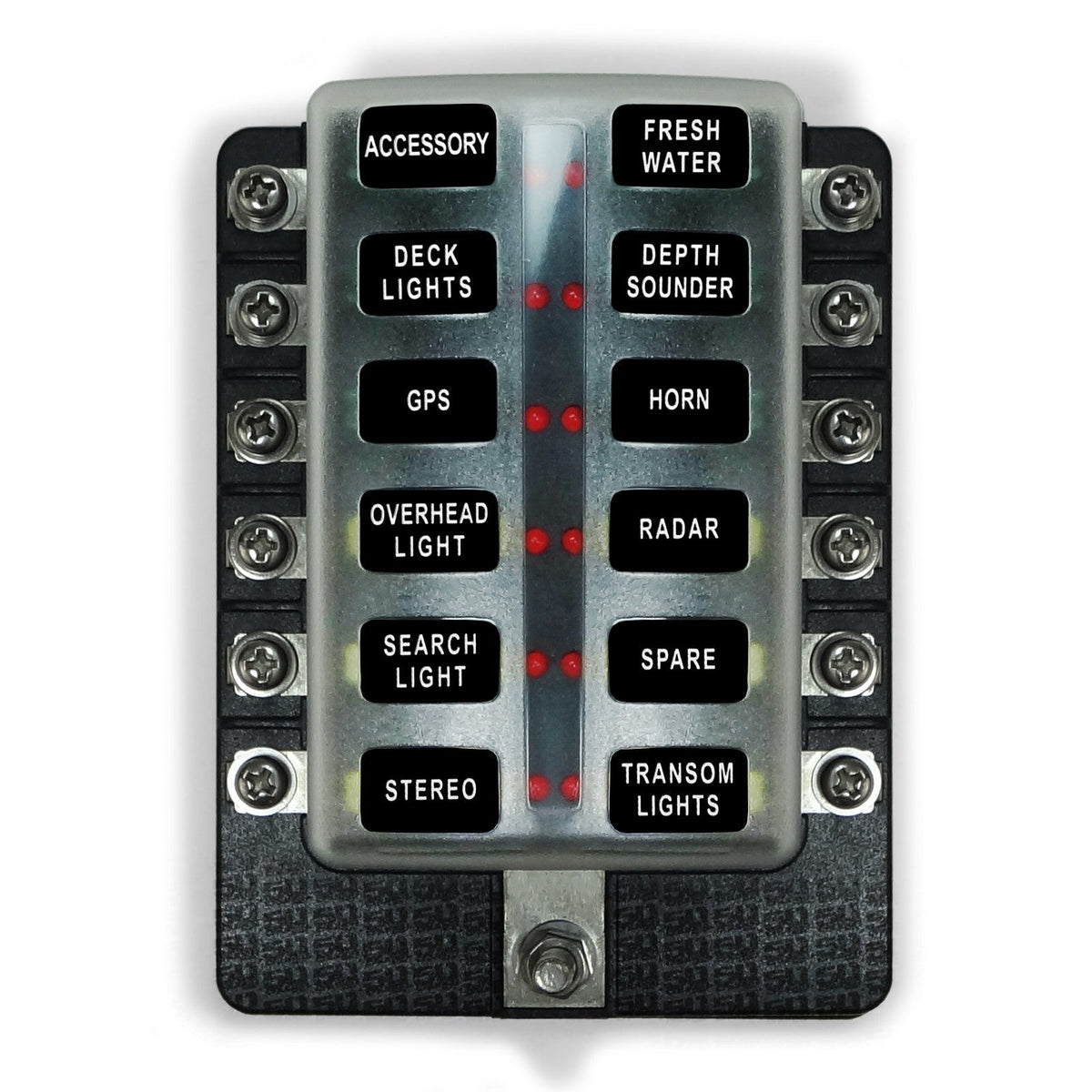 50 Caliber Racing 12-Way LED Fuse Block - 100A Input + Blown Fuse Indicator + ATO/ATC (6V-32V Universal)