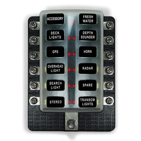 50 Caliber Racing 12-Way LED Fuse Block - 100A Input + Blown Fuse Indicator + ATO/ATC (6V-32V Universal)