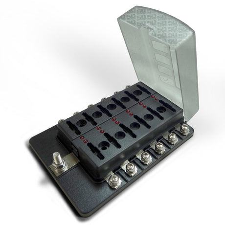 50 Caliber Racing 12-Way LED Fuse Block - 100A Input + Blown Fuse Indicator + ATO/ATC (6V-32V Universal)