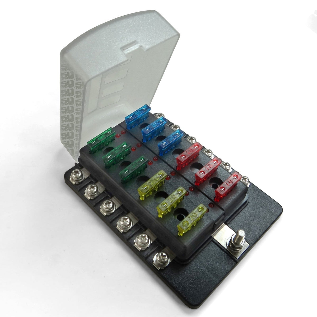 50 Caliber Racing 12-Way LED Fuse Block - 100A Input + Blown Fuse Indicator + ATO/ATC (6V-32V Universal)