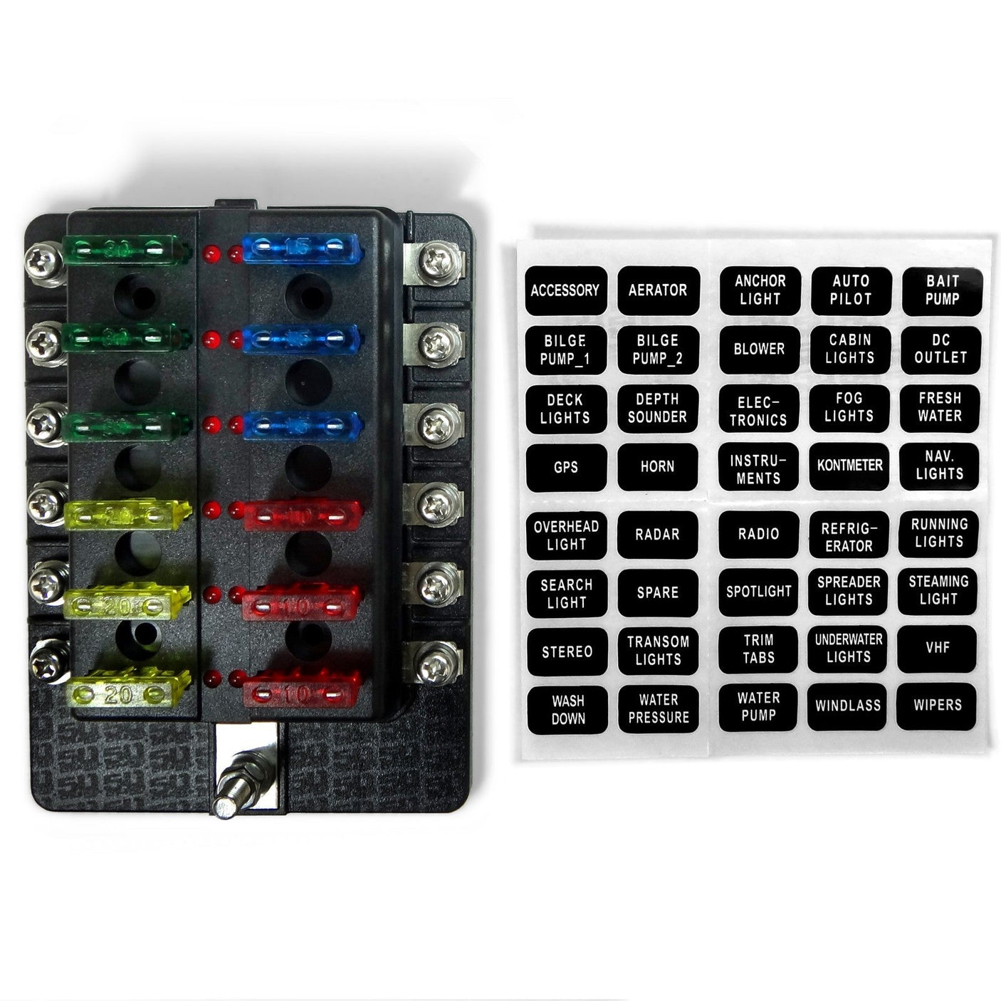 50 Caliber Racing 12-Way LED Fuse Block - 100A Input + Blown Fuse Indicator + ATO/ATC (6V-32V Universal)