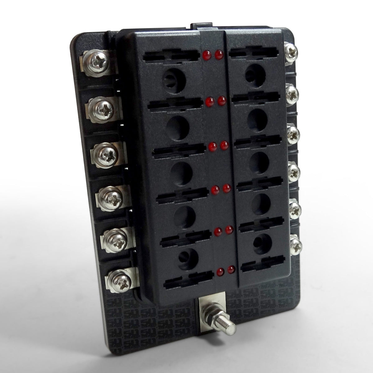 50 Caliber Racing 12-Way LED Fuse Block - 100A Input + Blown Fuse Indicator + ATO/ATC (6V-32V Universal)