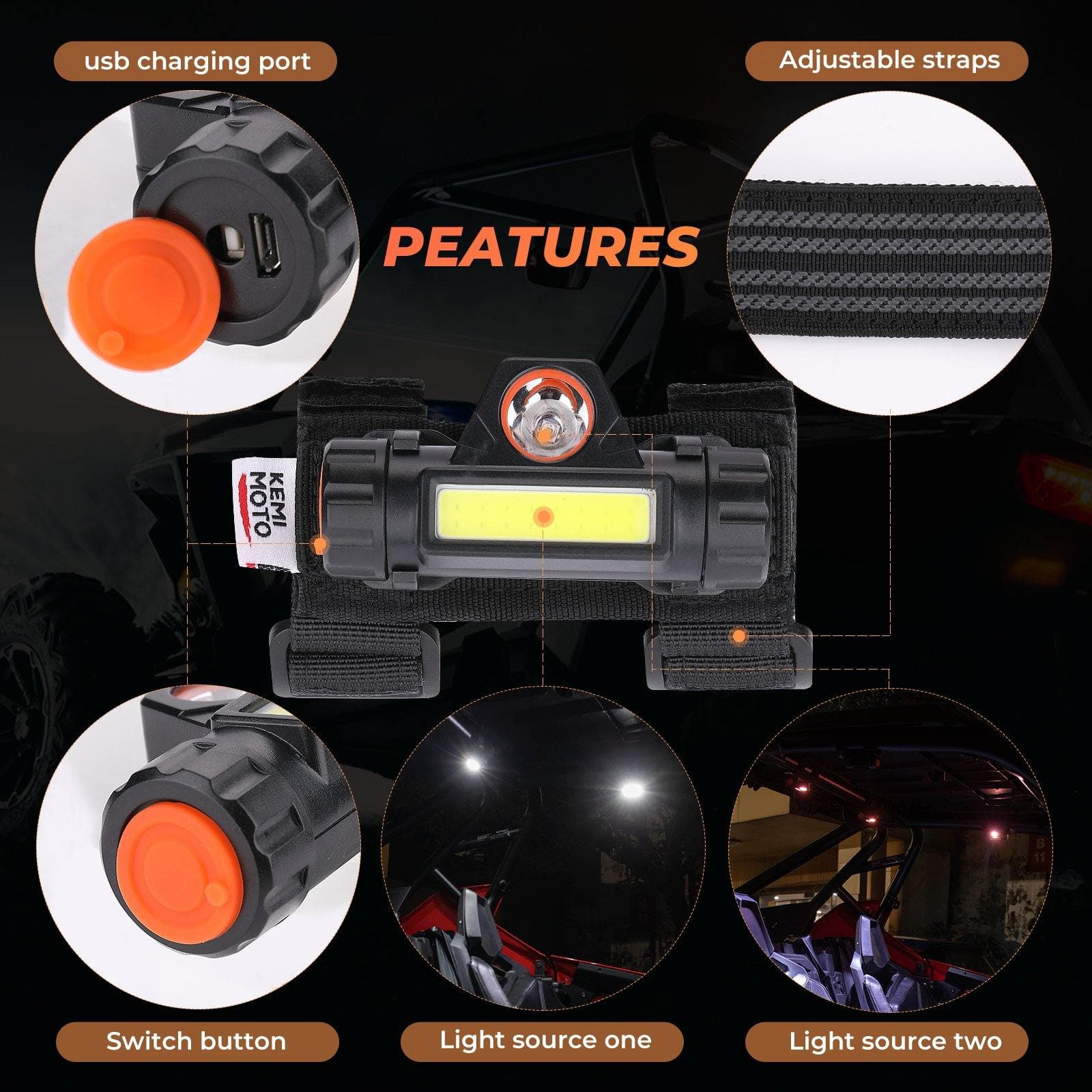 Photo of UTV Universal Interior Lights for 1.25-2" Roll bar by Kemimoto - Premium for UTVs / Side by Sides