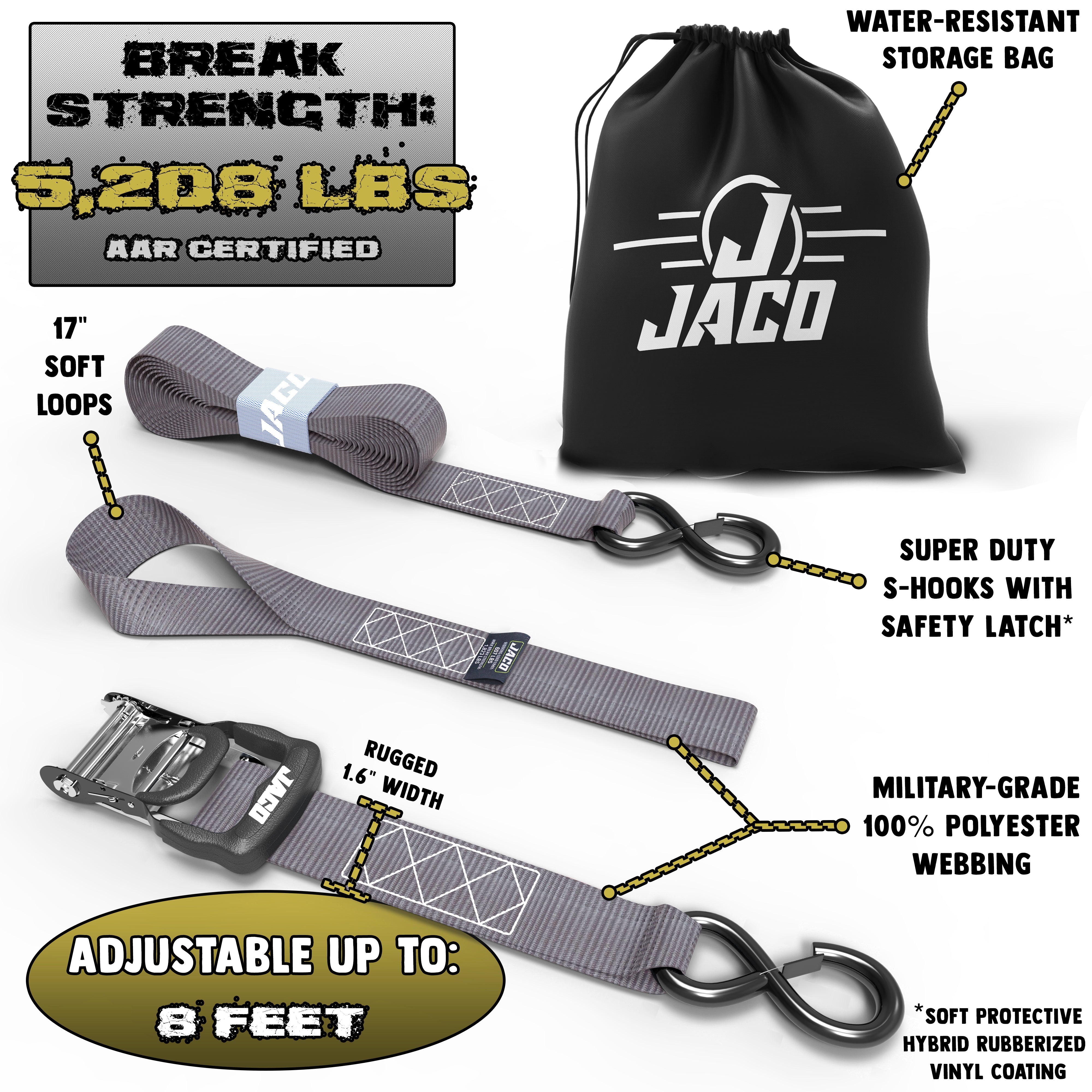 Photo of Heavy Duty Ratchet Tie Down Straps with Soft Loops (1.6" x 8 ft) | AAR Certified Break Strength (5,208 lbs) by JACO - Premium Tie Downs for UTVs / Side by Sides