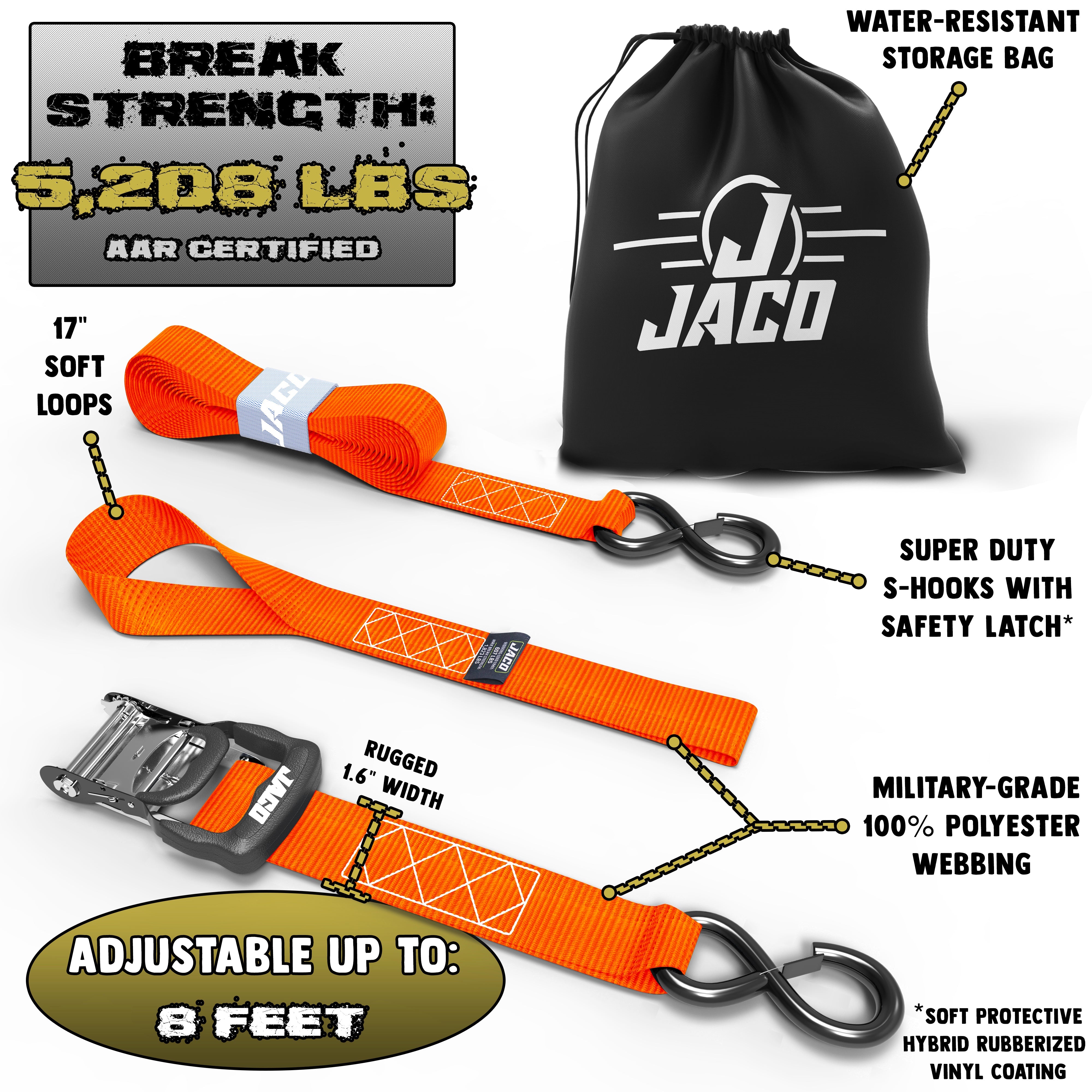 Photo of Heavy Duty Ratchet Tie Down Straps with Soft Loops (1.6" x 8 ft) | AAR Certified Break Strength (5,208 lbs) by JACO - Premium Tie Downs for UTVs / Side by Sides