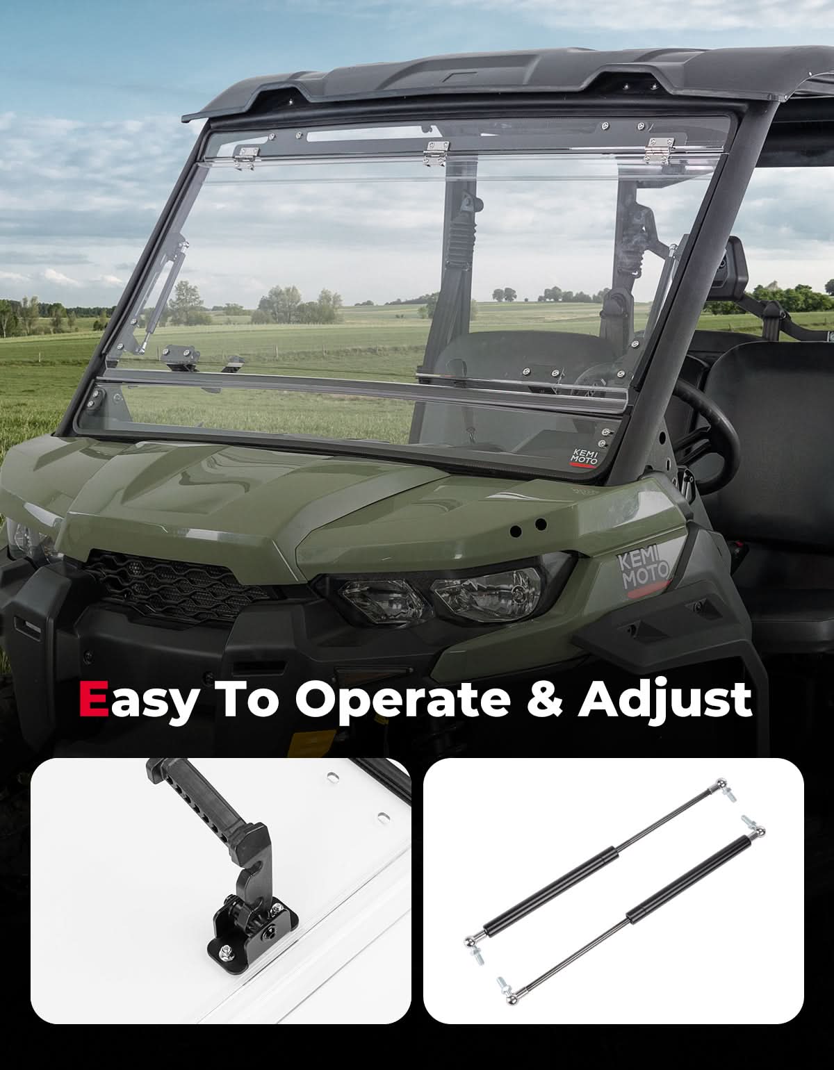 Photo of Can-Am Defender HD5/HD8/HD10 Flip Windshield – 3 Position Full Front Windshield, Clear Hard-Coated Polycarbonate by Kemimoto - Premium for UTVs / Side by Sides