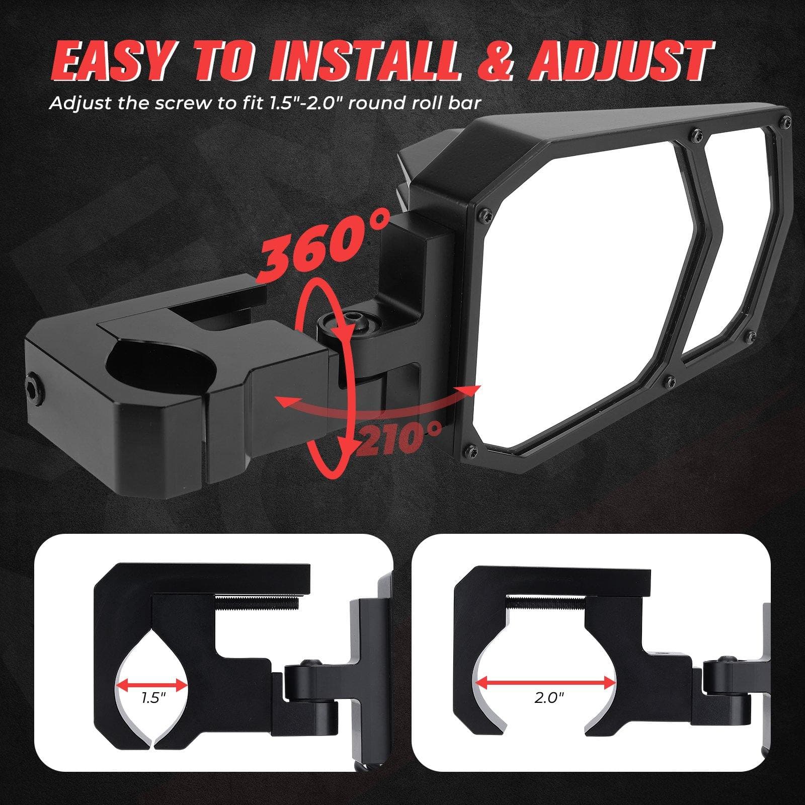 Photo of UTV Side Mirrors with light fit 1.5" - 2" Roll Bar by Kemimoto - Premium for UTVs / Side by Sides