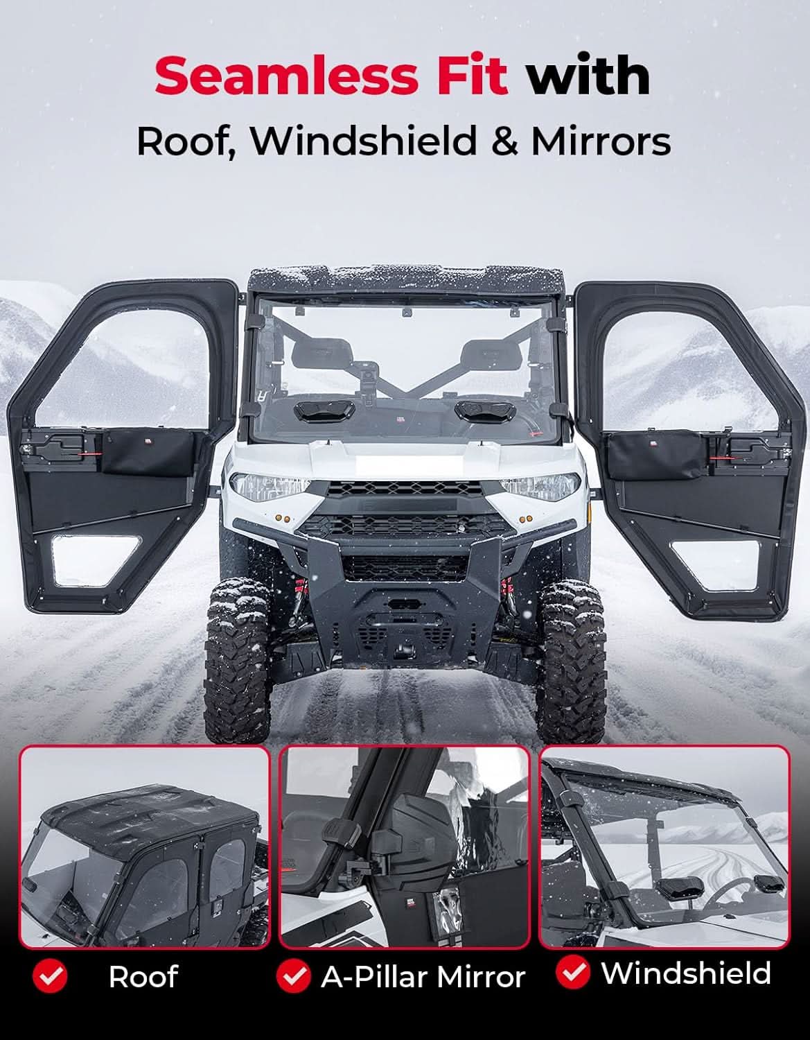 Photo of UTV Doors With Steel Frame for Polaris Ranger CREW XP 1000 2018-2025 by Kemimoto - Premium for UTVs / Side by Sides
