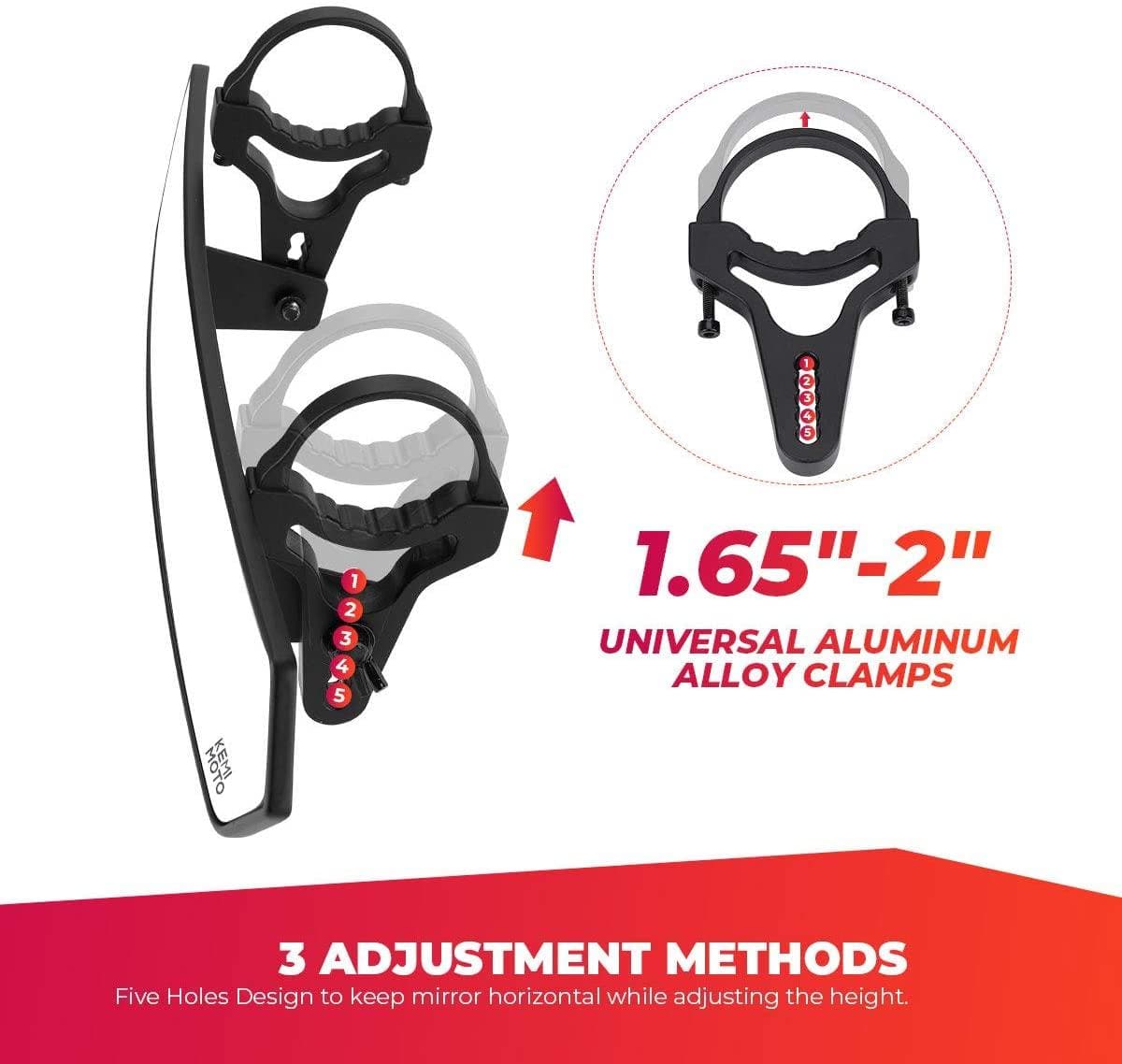 Photo of UTV Adjustable Rear View Mirror & Side Mirrors for 1.75"-2" Round Tube by Kemimoto - Premium for UTVs / Side by Sides
