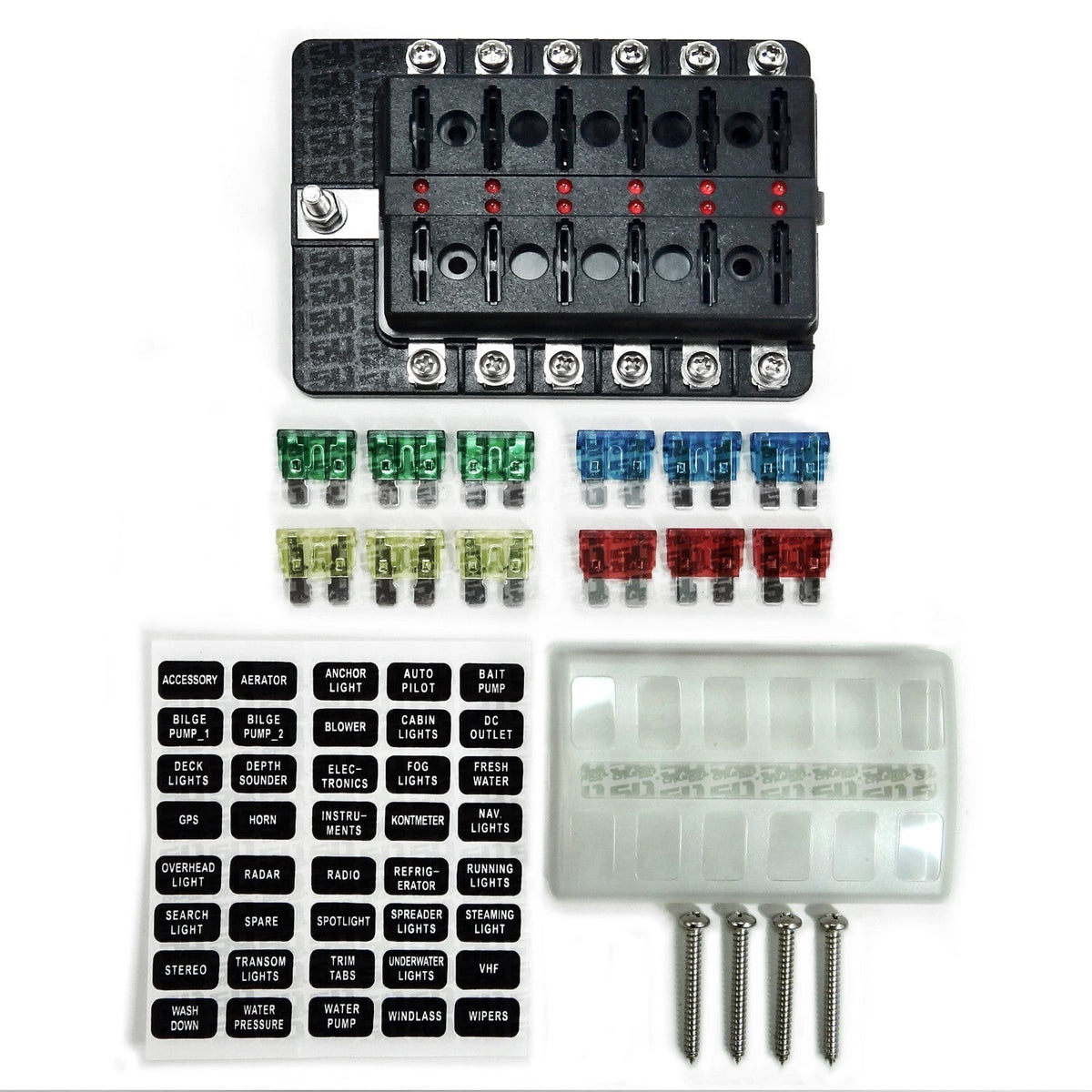 50 Caliber Racing 12-Way LED Fuse Block - 100A Input + Blown Fuse Indicator + ATO/ATC (6V-32V Universal)