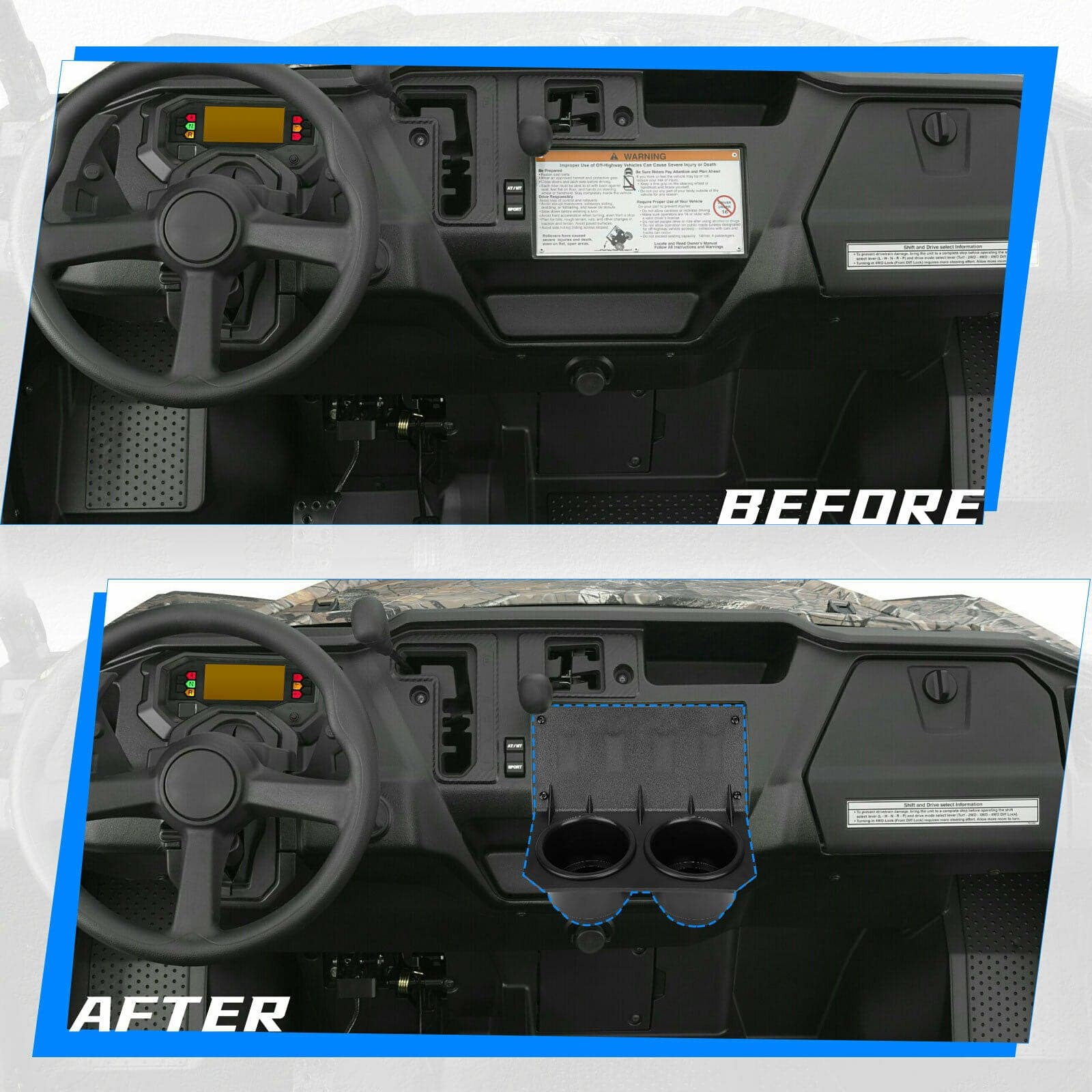 Photo of UTV Cup Holder with Switch Panel for Pioneer 1000/1000-5 by Kemimoto - Premium for UTVs / Side by Sides