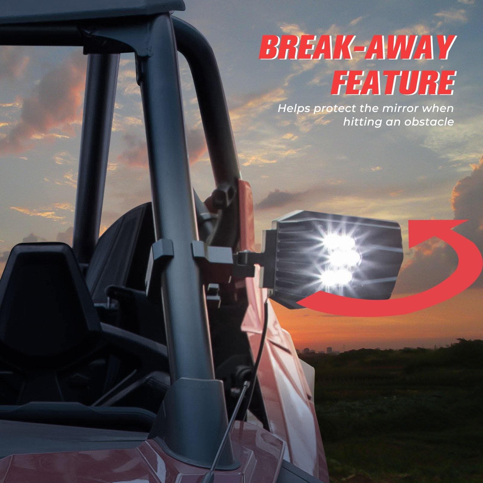 Photo of UTV Side Mirrors with light fit 1.5" - 2" Roll Bar by Kemimoto - Premium for UTVs / Side by Sides