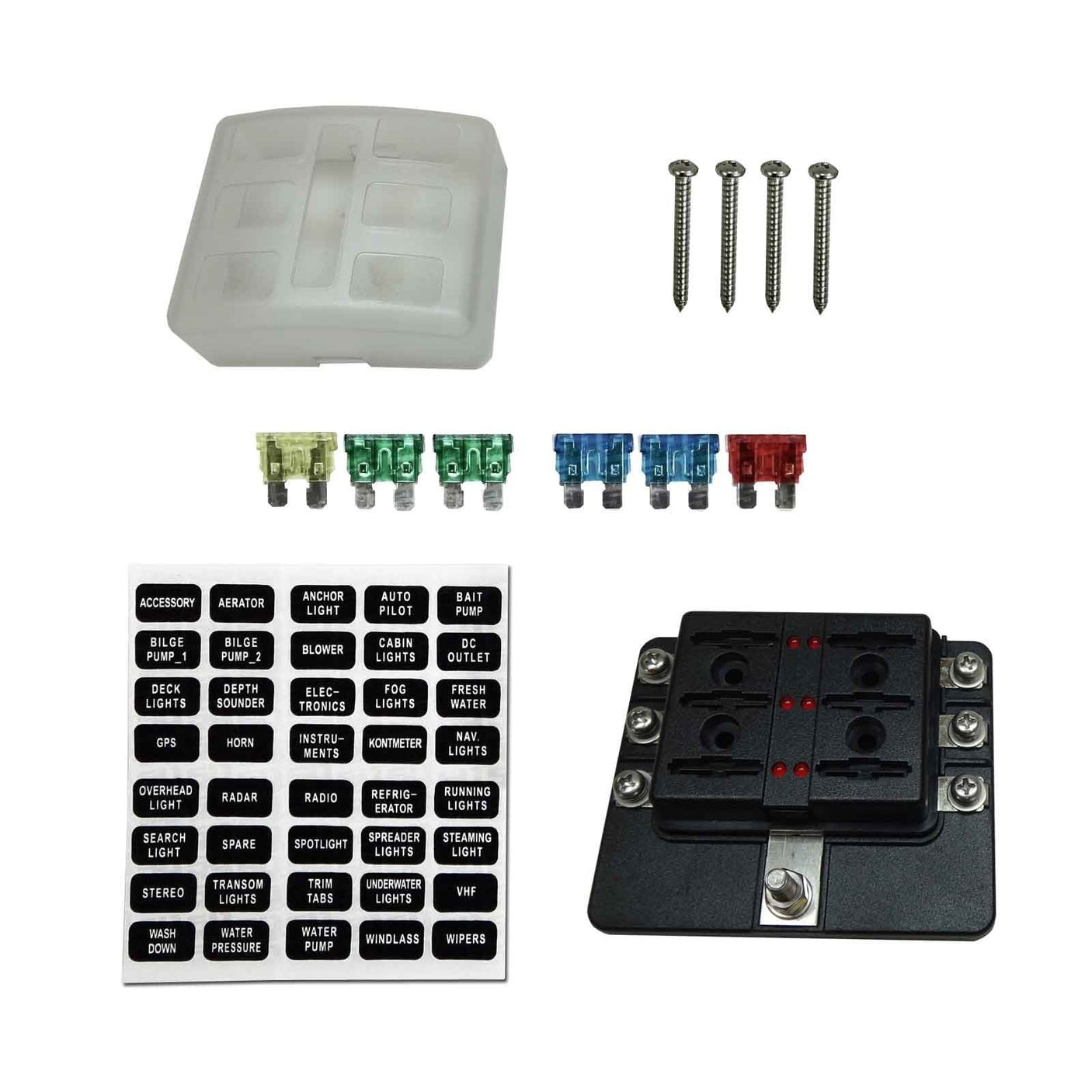 50 Caliber Racing 6 Way 12V Circuit Screw Fuse Block - LED Indicators