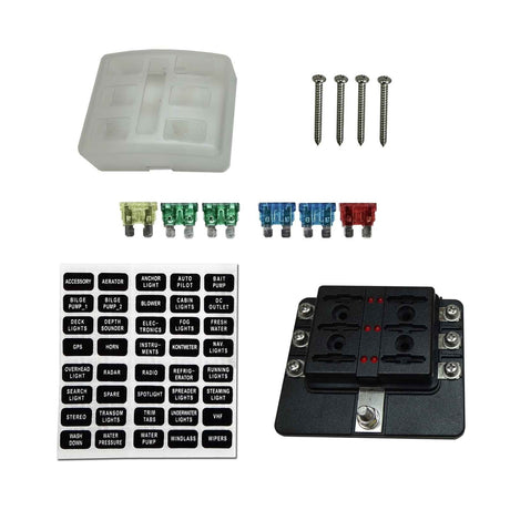 50 Caliber Racing 6 Way 12V Circuit Screw Fuse Block - LED Indicators