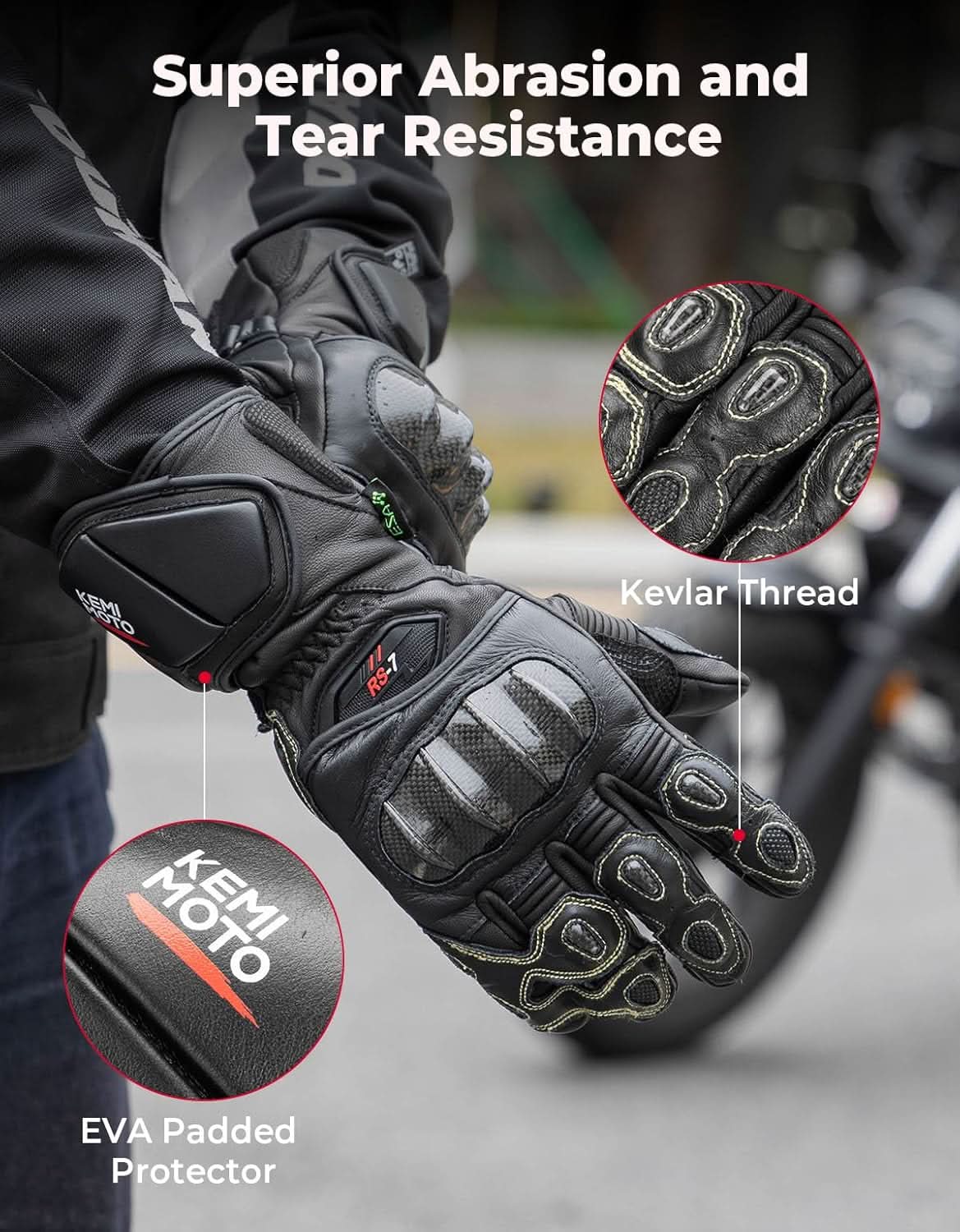 Photo of Leather Motorcycle Gloves with Kevlar & Carbon Fiber Protection by Kemimoto - Premium for UTVs / Side by Sides