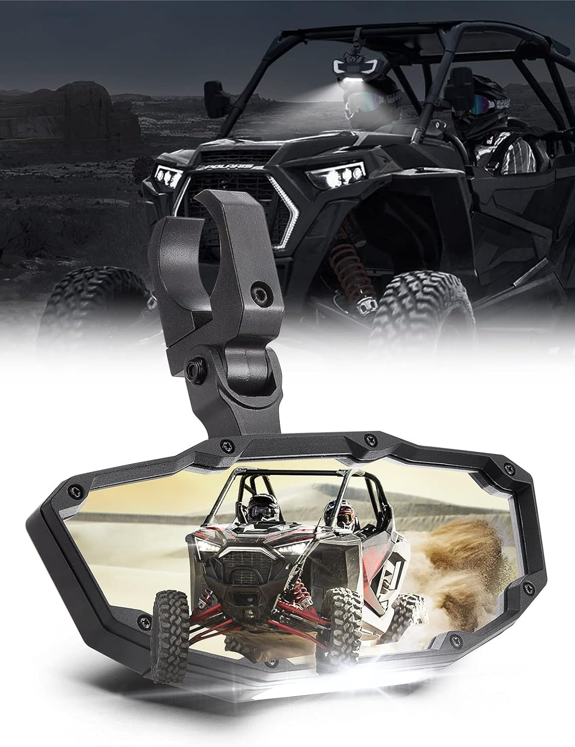 Photo of Rear View Mirror with Light Built-in Rechargeable Battery for 1.65" -2" Roll Bar by Kemimoto - Premium for UTVs / Side by Sides