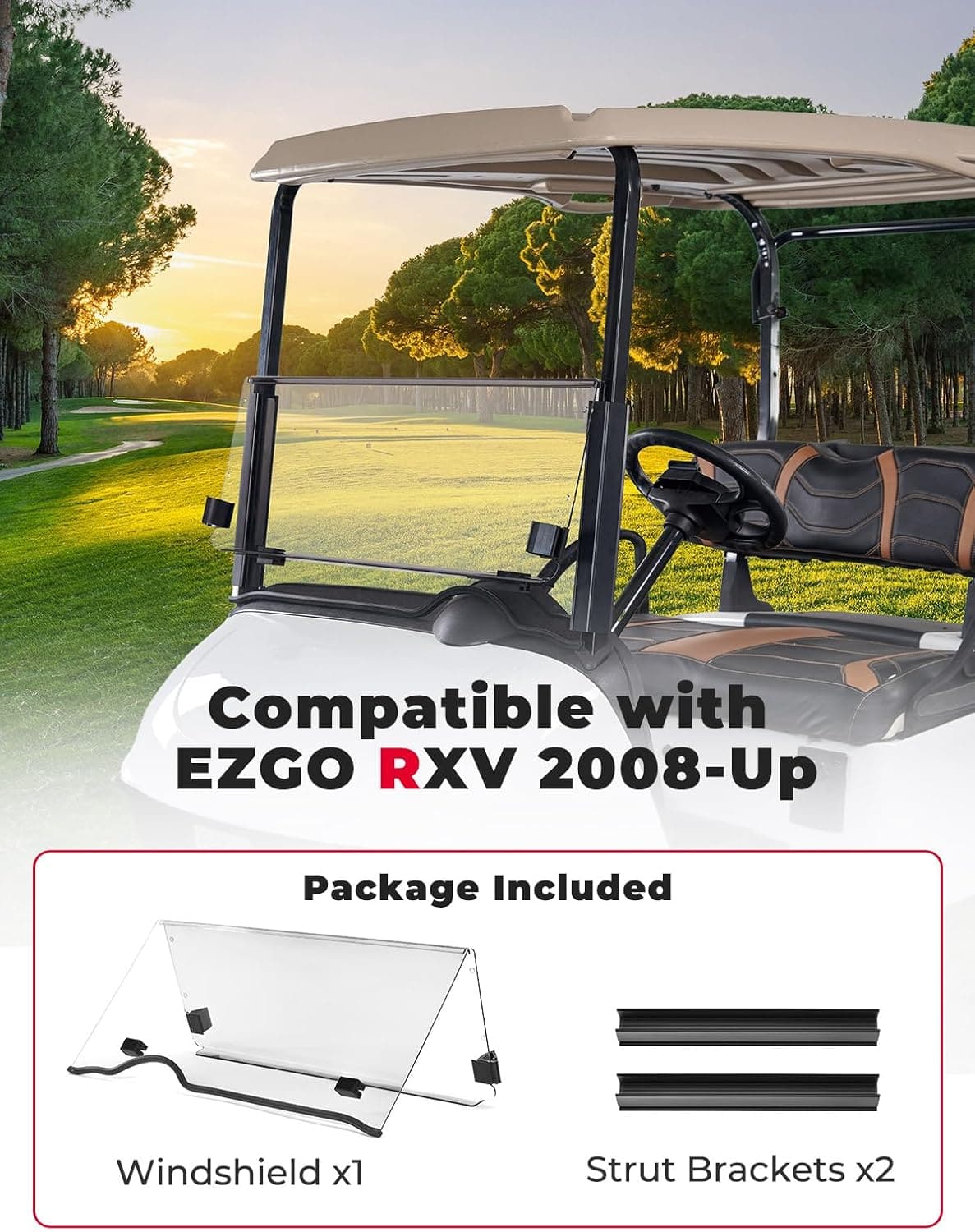 Photo of Golf Cart Windshield for EZGO RXV (2008-Up) by Kemimoto - Premium for UTVs / Side by Sides