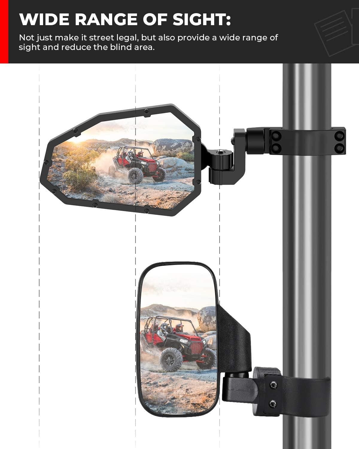 Photo of UTV Rear View Side Mirrors for Can Am Maverick X3/ RZR w/ 1.75"-2" roll bar (1 pair) by Kemimoto - Premium for UTVs / Side by Sides