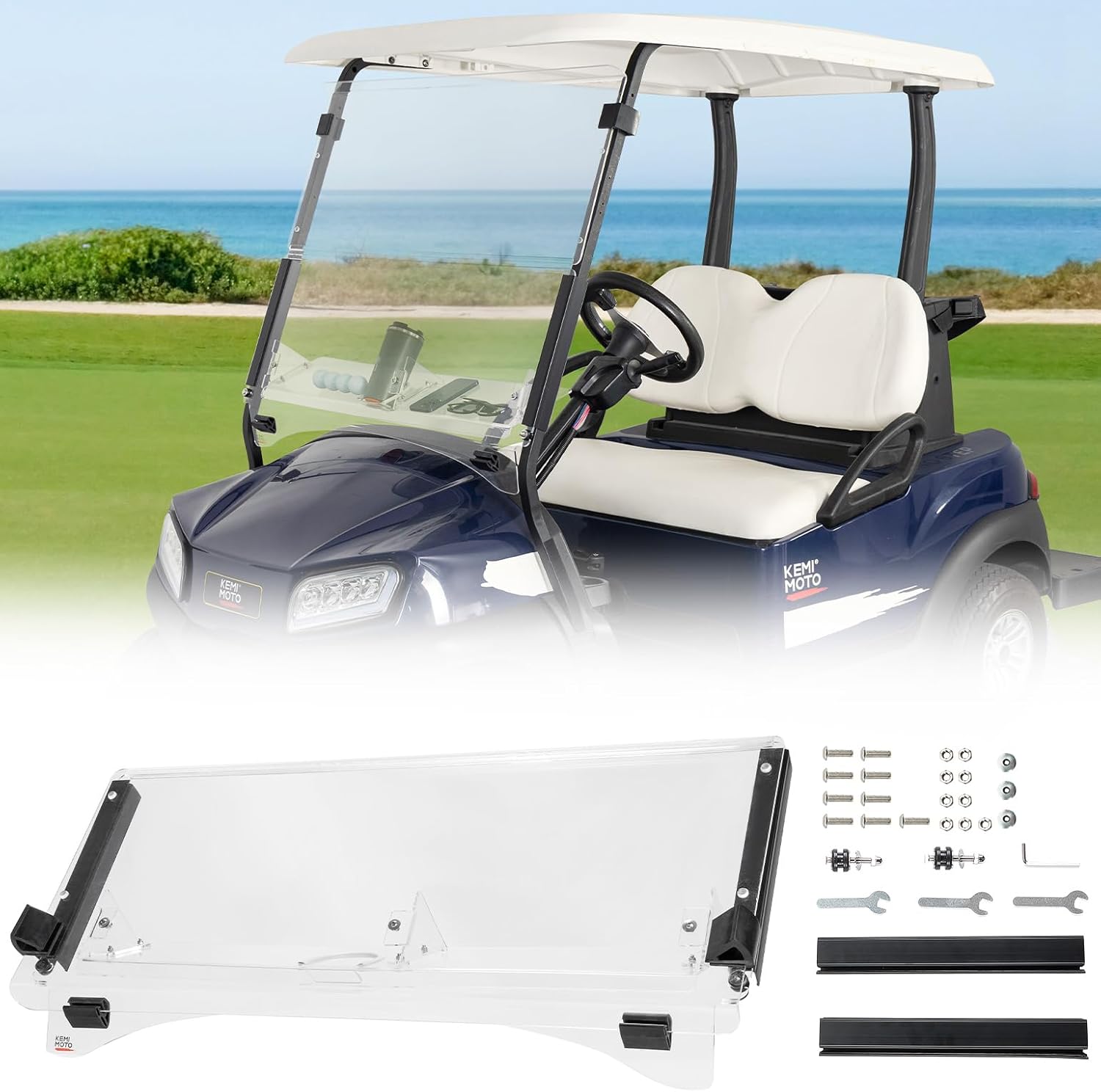Photo of Kemimoto Foldable Golf Cart Windshield with Storage Basket for Club Car Precedent (2004+) by Kemimoto - Premium for UTVs / Side by Sides
