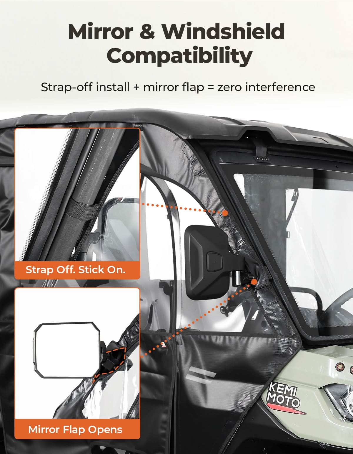 Photo of Full Soft Doors with Mirror Slots for Can-Am Defender HD5/7/8/9/10 by Kemimoto - Premium for UTVs / Side by Sides