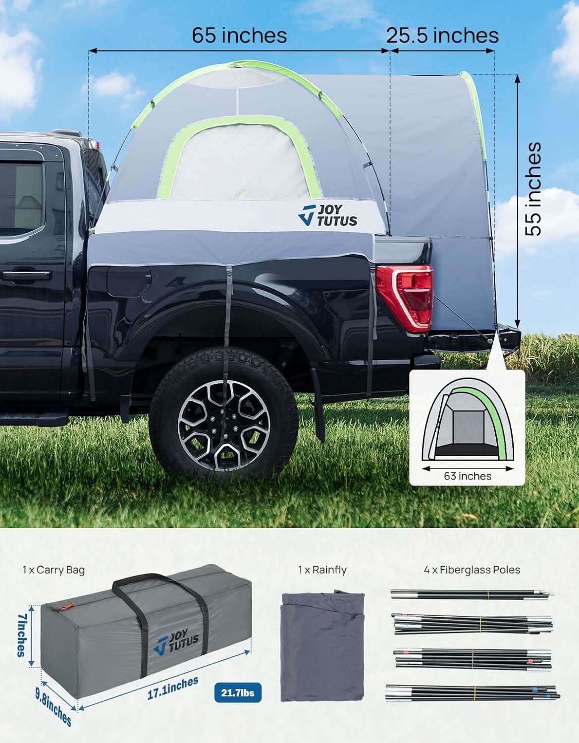 Photo of JOYTUTUS Truck Tent with Rainfly 5.5Ft-6Ft by Kemimoto - Premium for UTVs / Side by Sides