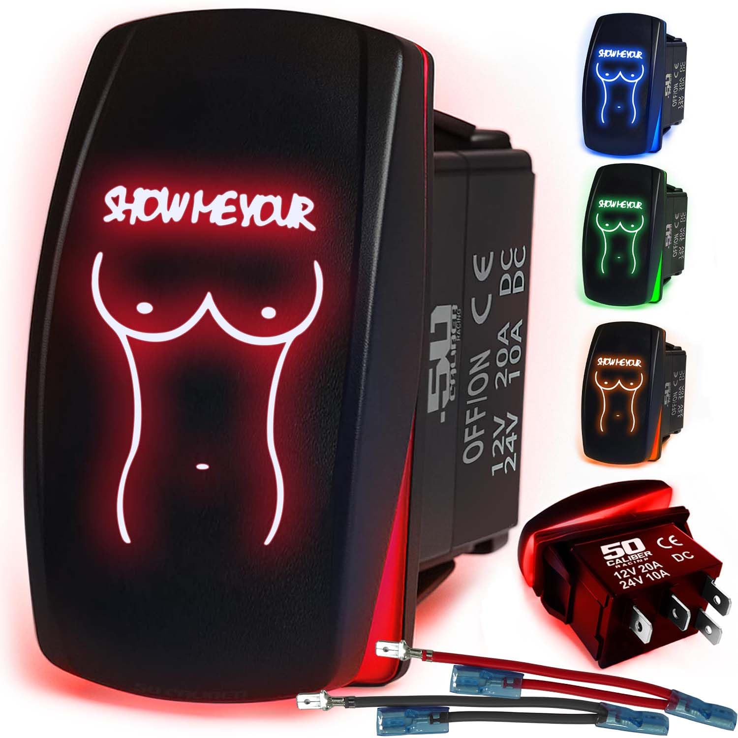 Waterproof Funny Rocker Switch 12v ON/Off, LED Backlit with Etched Design w/Toggle Switch 12v - UTV, Auto, Boat 20A Variation