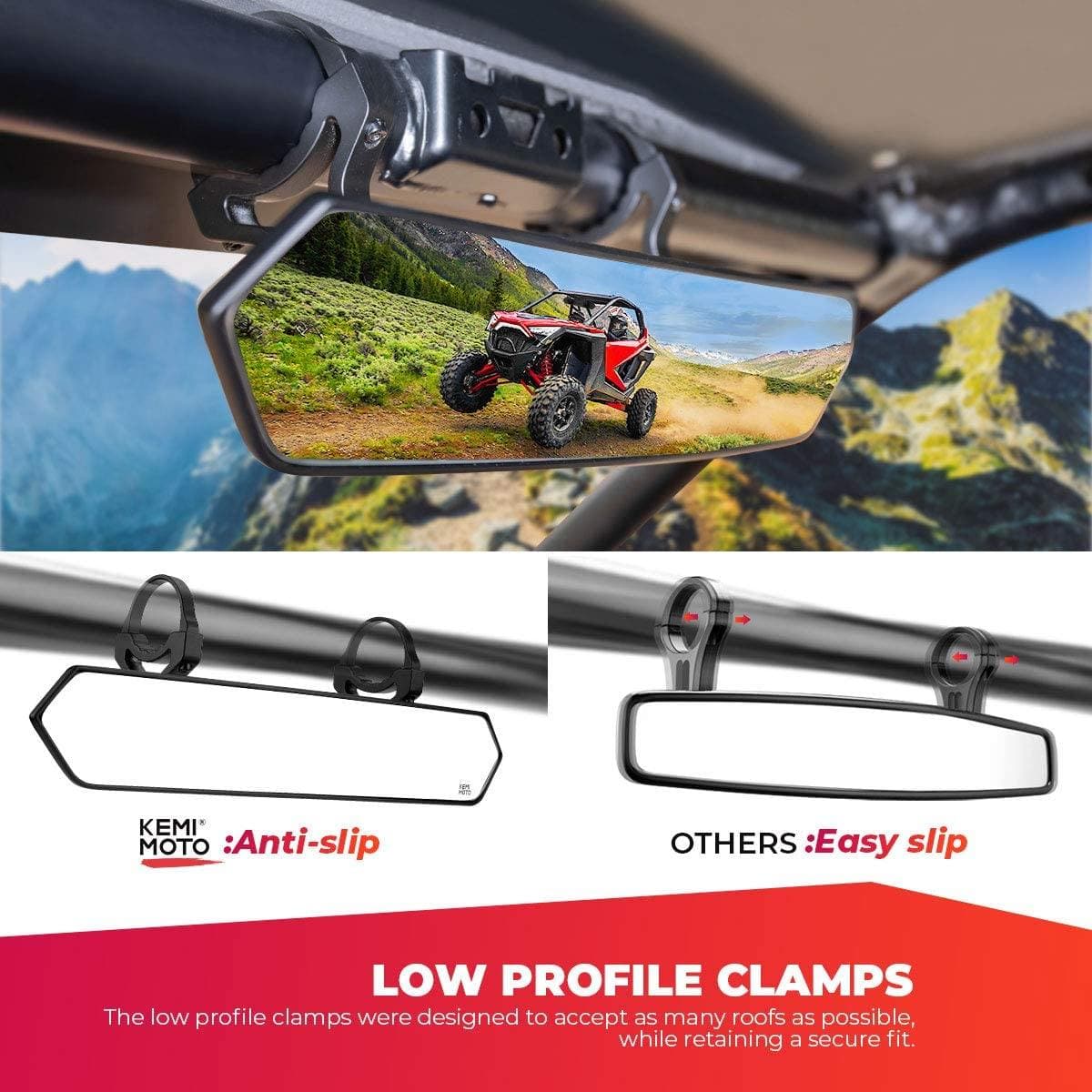 Photo of UTV Adjustable Rear View Mirror & Side Mirrors for 1.75"-2" Round Tube by Kemimoto - Premium for UTVs / Side by Sides