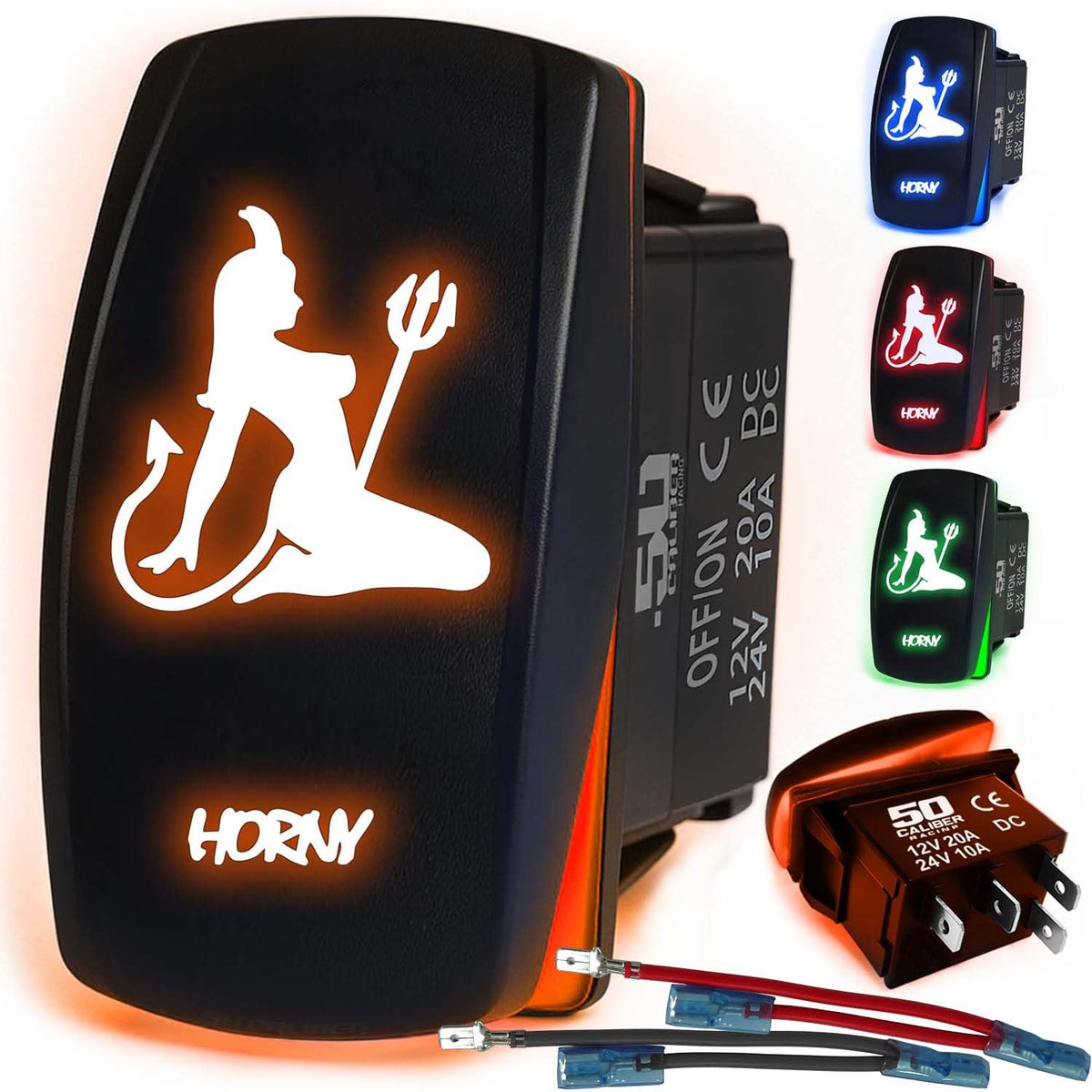 50 Caliber Racing Waterproof Funny Rocker Switch - 12V ON/Off, LED Backlit with Custom Etched Design | R1 Industries
