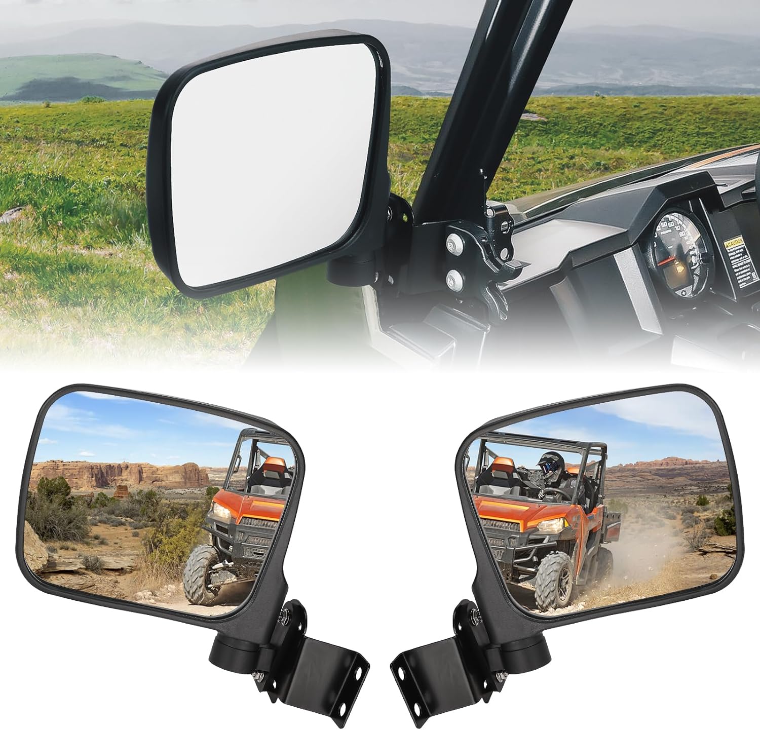 Photo of UTV Rear View Side Mirrors 7.8" Large Pro-fit Cab for Polaris Ranger 500/570/XP 900 by Kemimoto - Premium for UTVs / Side by Sides