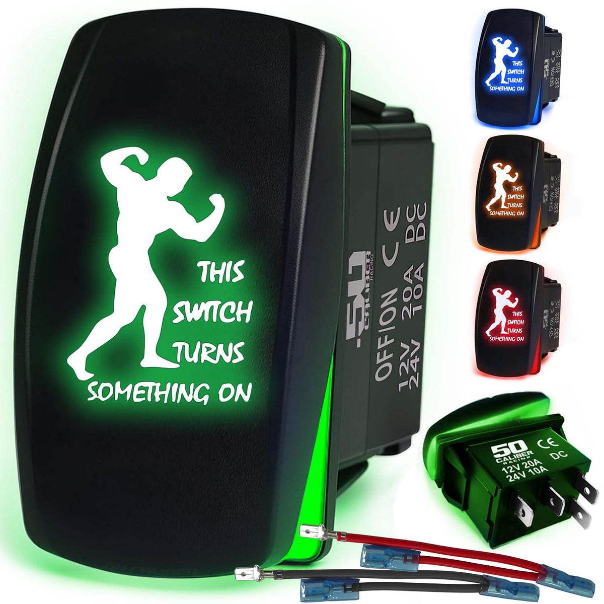 50 Caliber Racing Waterproof Funny Rocker Switch - 12V ON/Off, LED Backlit with Custom Etched Design | R1 Industries