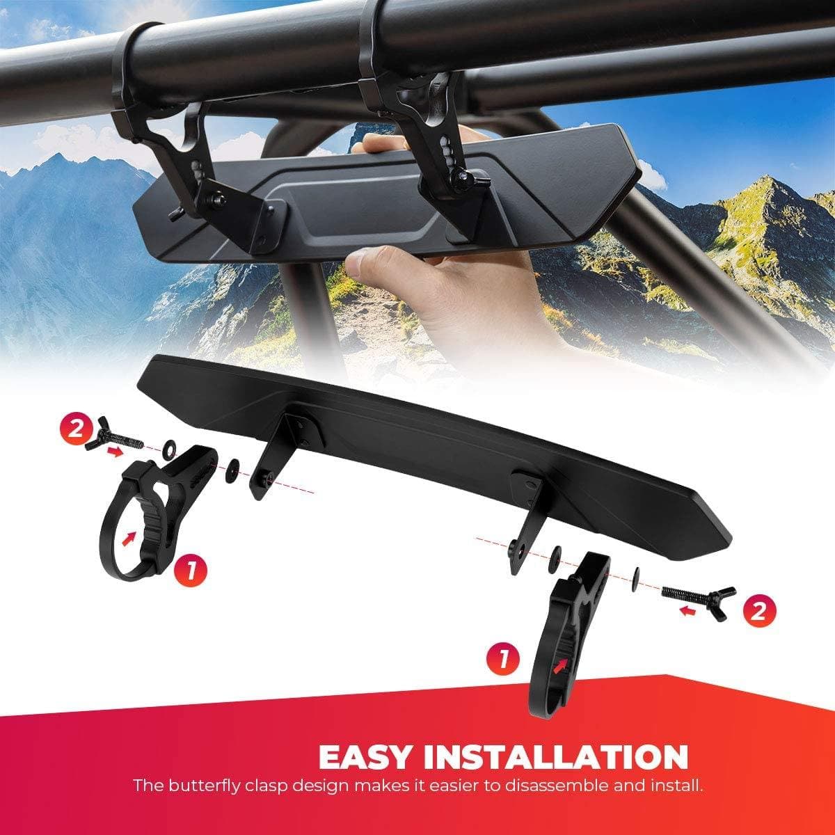 Photo of UTV Adjustable Rear View Mirror & Side Mirrors for 1.75"-2" Round Tube by Kemimoto - Premium for UTVs / Side by Sides