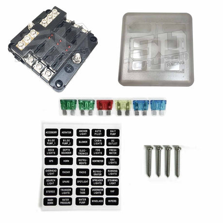 50 Caliber Racing 6 Way Screw 12V Fuse Block with Ground Terminals