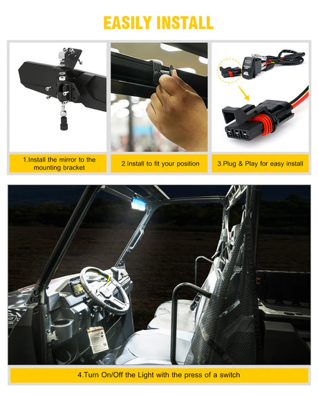 UTV Center View Mirror with LED Lights and Rocker Switch