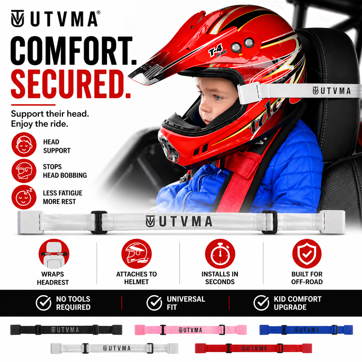 UTVMA Helmet Holders - Headrest Support for Kids + No More Head Bobbing | 5 Colors