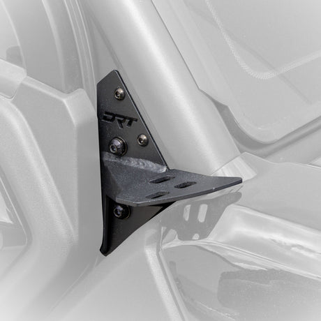 DRT A-pillar light bracket on CFMOTO U10 Pro showing the upper light mounting plate