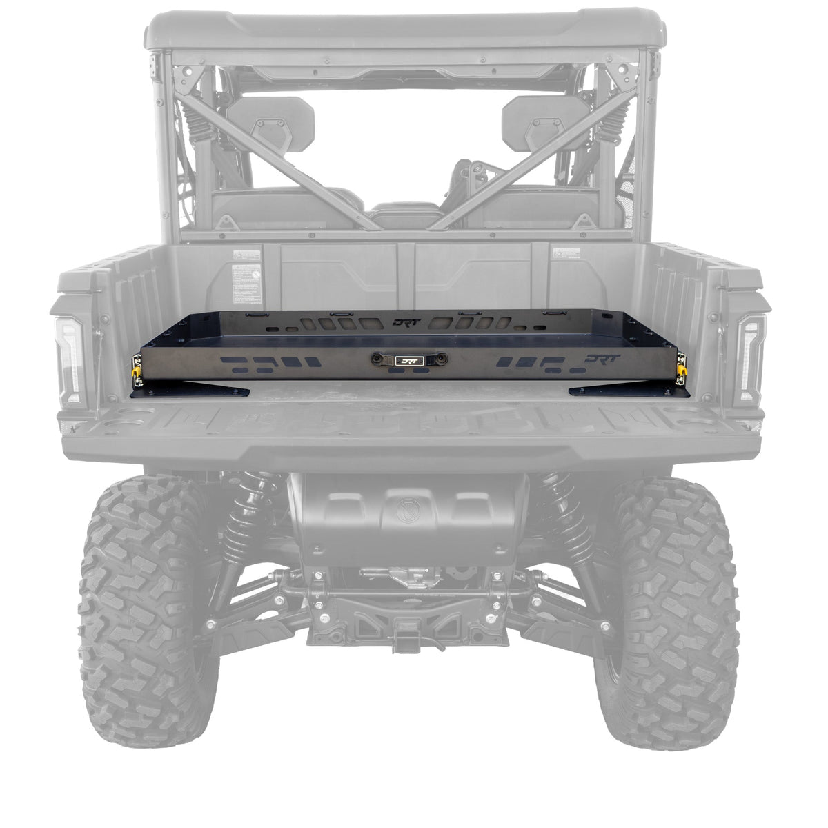 Rear view of DRT aluminum bed drawer inside a CFMOTO UFORCE U10 cargo bed