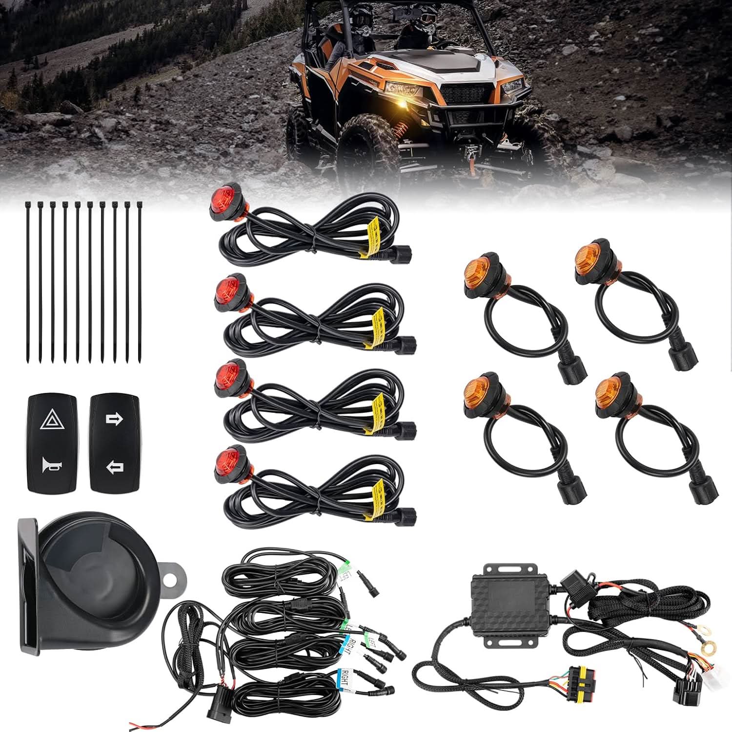 Photo of UTV Turn Signal Kit with 110D Horn for Polaris, Can-Am, Kawasaki, CFMOTO by Kemimoto - Premium for UTVs / Side by Sides