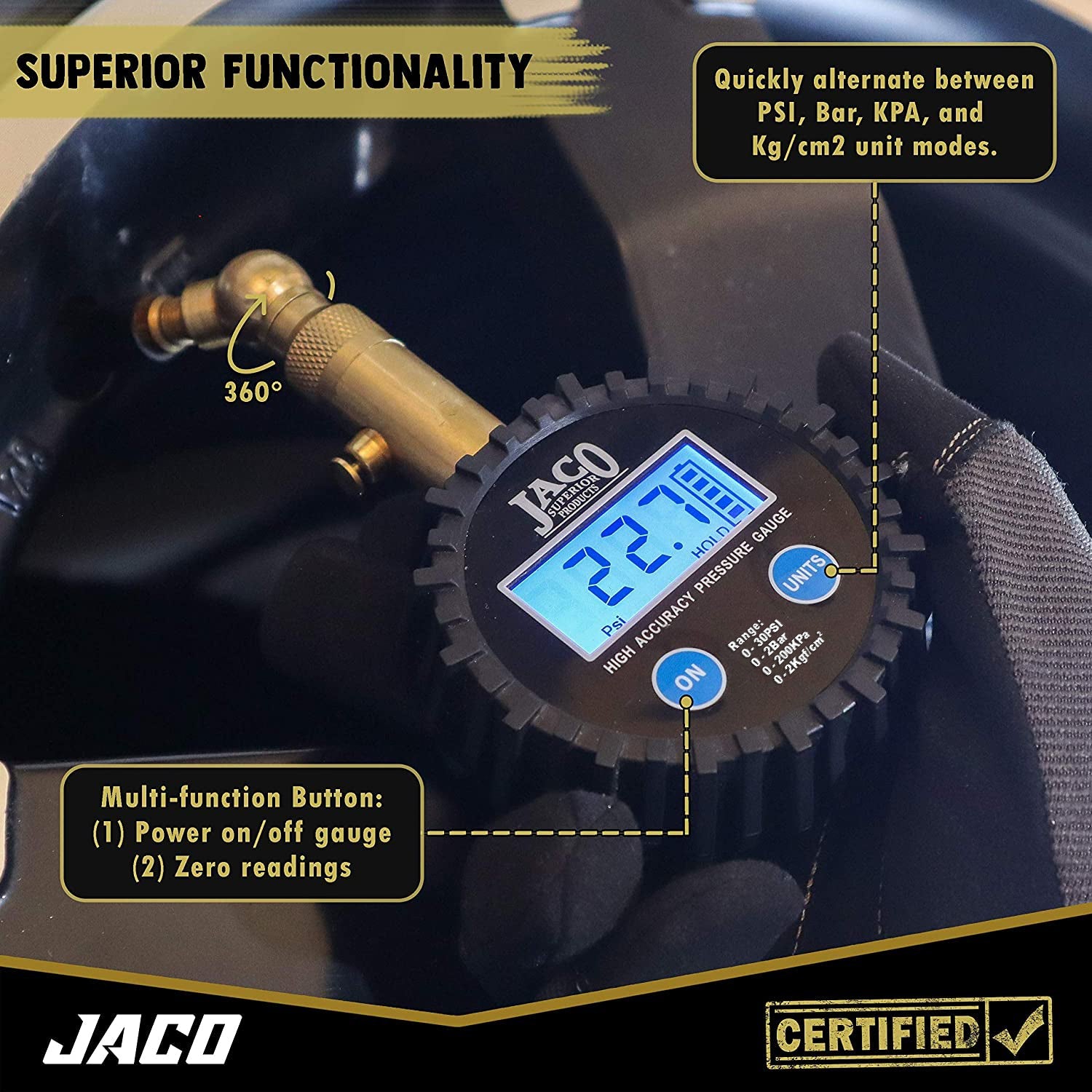 Photo of Elite® Digital Low Pressure Tire Gauge - Professional Accuracy - 30 PSI by JACO - Premium Tire Pressure Gauge for UTVs / Side by Sides